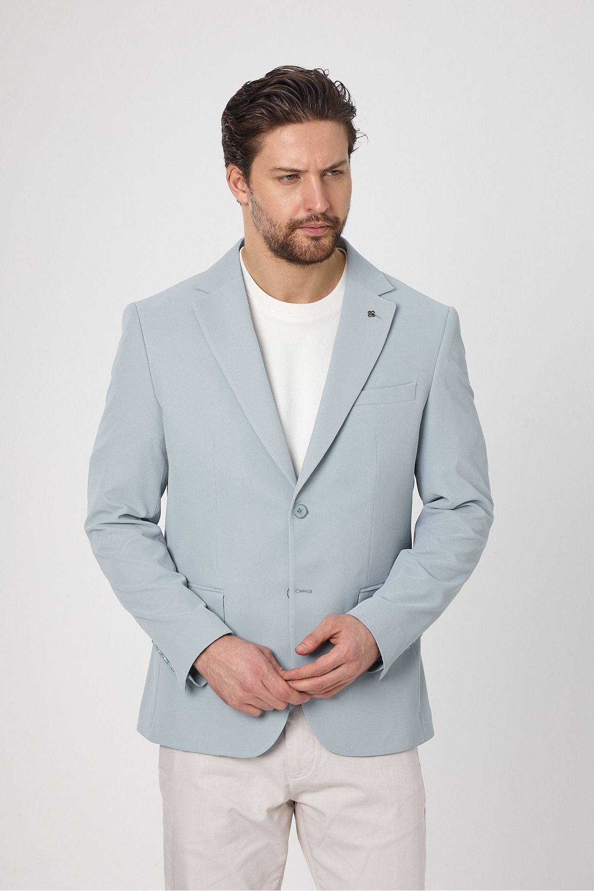 Frappoli-Waffle Men's Ice Blue Waffle Pattern Cotton Blended Lycra Stretchy Fabric Four Seasons Blazer Jacket 4