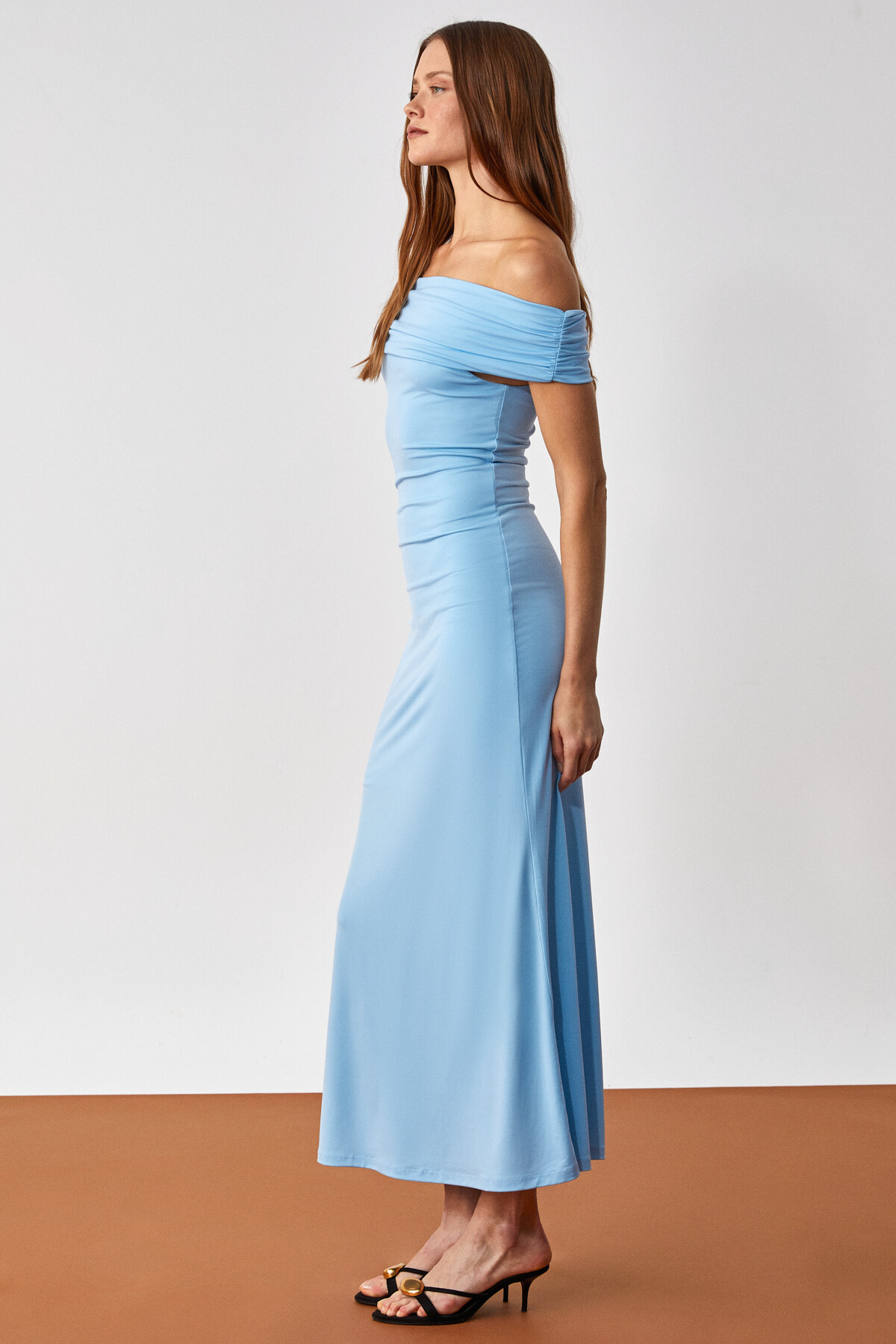 ETHIQUET  ANKALA Kadın Regular Kısa Kol Carmen Yaka Mavi Elbise - Görsel 4