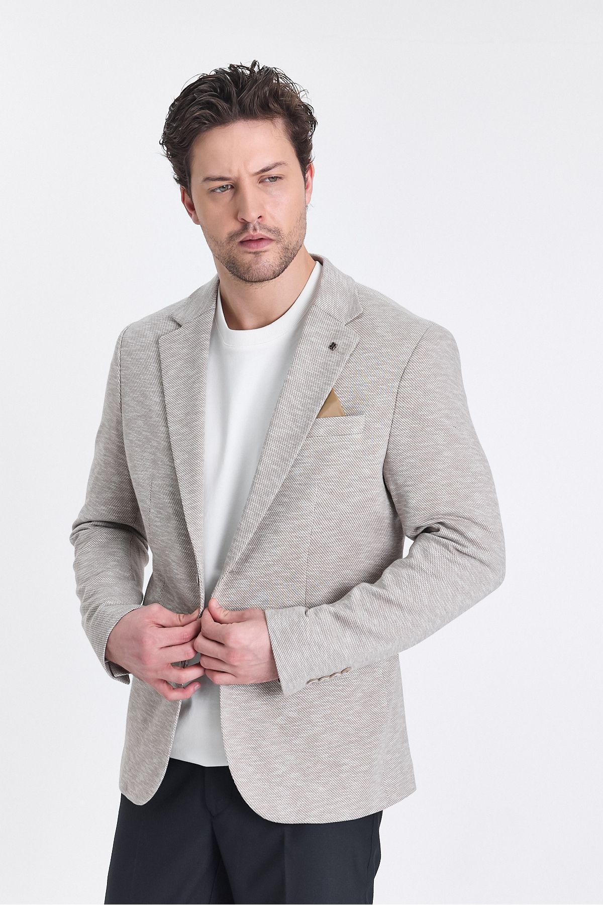 Frappoli-Ubaldo Men's Beige Linen Look Knitted Stretching Lycra Cotton Blended Blazer Jacket 2