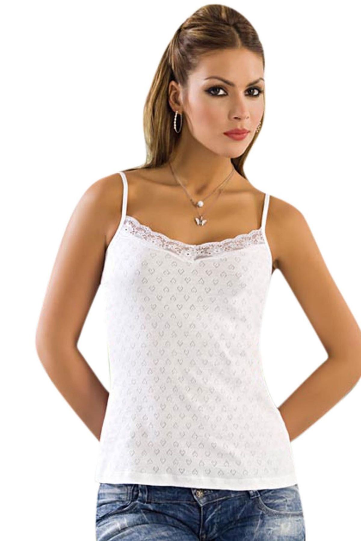 SHEYMA stl İnce Askılı Yakası Dantel İşlemeli Jakarlı Atlet 2173