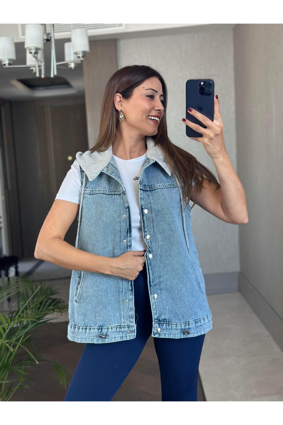 Forlady Butik Mavi Gri Kapüşonlu Ayarlanabilir Lastikli Kadın Jean Yelek