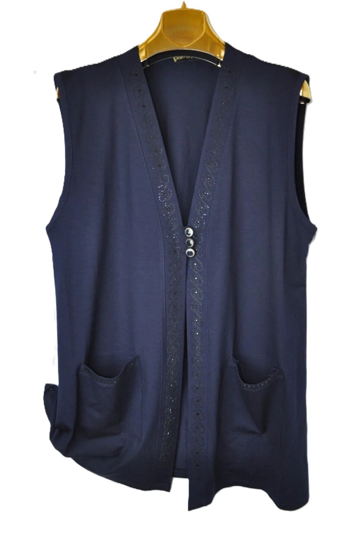 elma abone  Büyük Beden Anne Penye Taşlı Kısa Yelek - Görsel 2