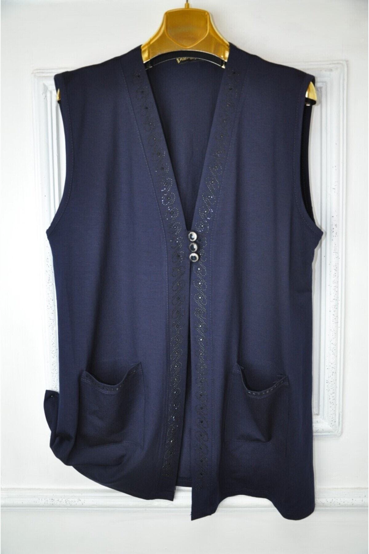 elma abone  Büyük Beden Anne Penye Taşlı Kısa Yelek