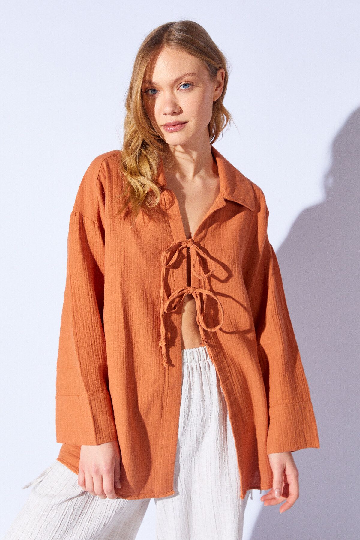 Manche-Muslin Natural Cotton Tied Kimono Shirt |   Mocha Coffee 1