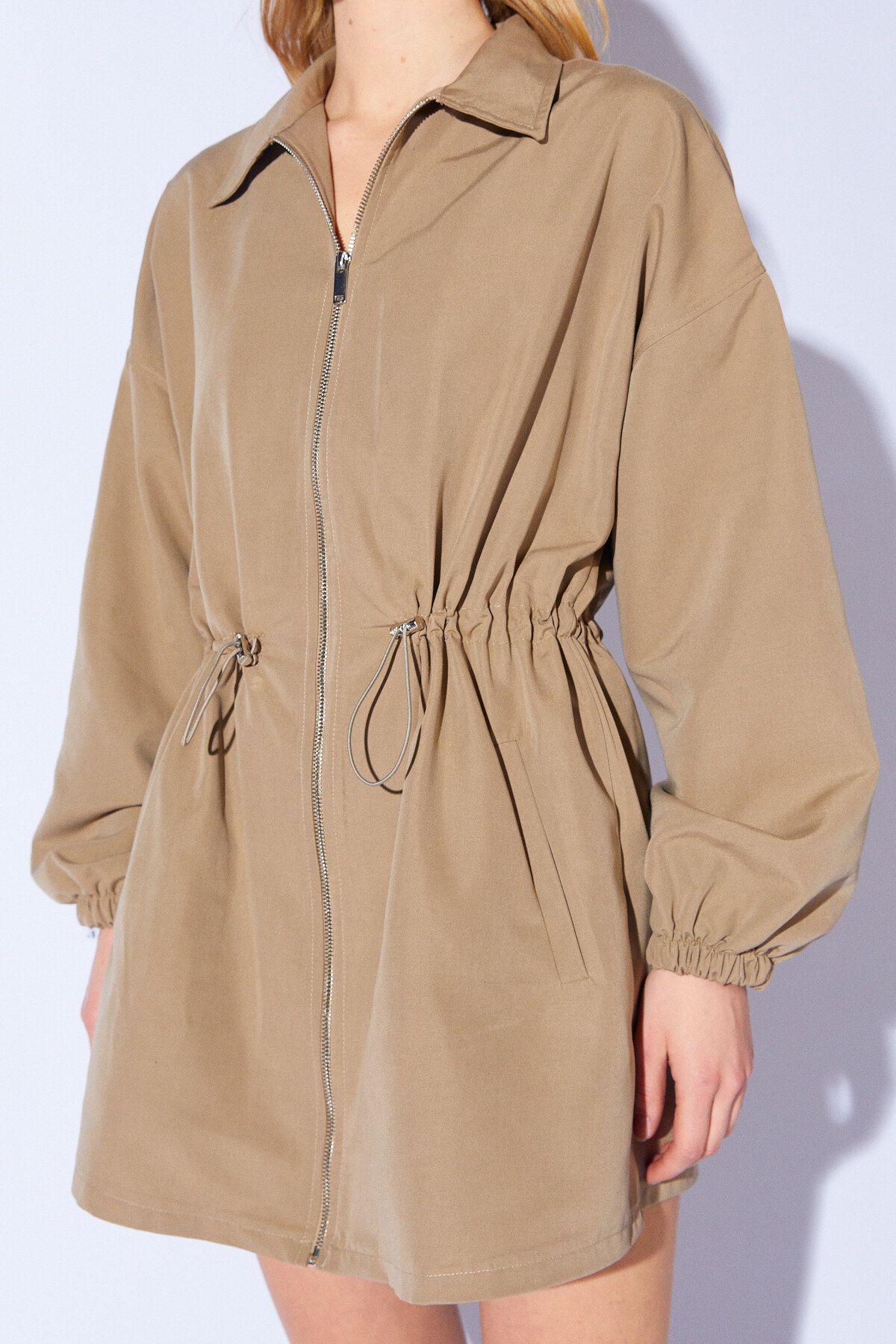 Manche-Drawstring Waist Water Repellent Raincoat Women's Trench Coat |   Beige Mkw 389277 -01 4