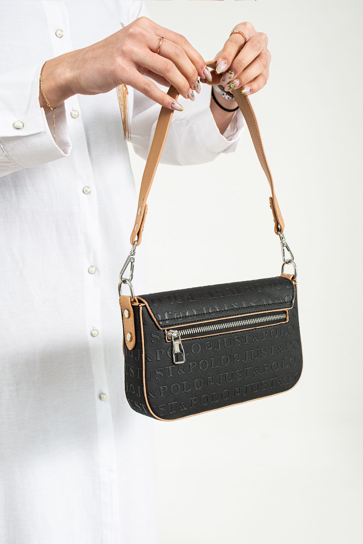 Just Polo-Women's Black-Tan Hand and Shoulder Bag-Bd4090 2