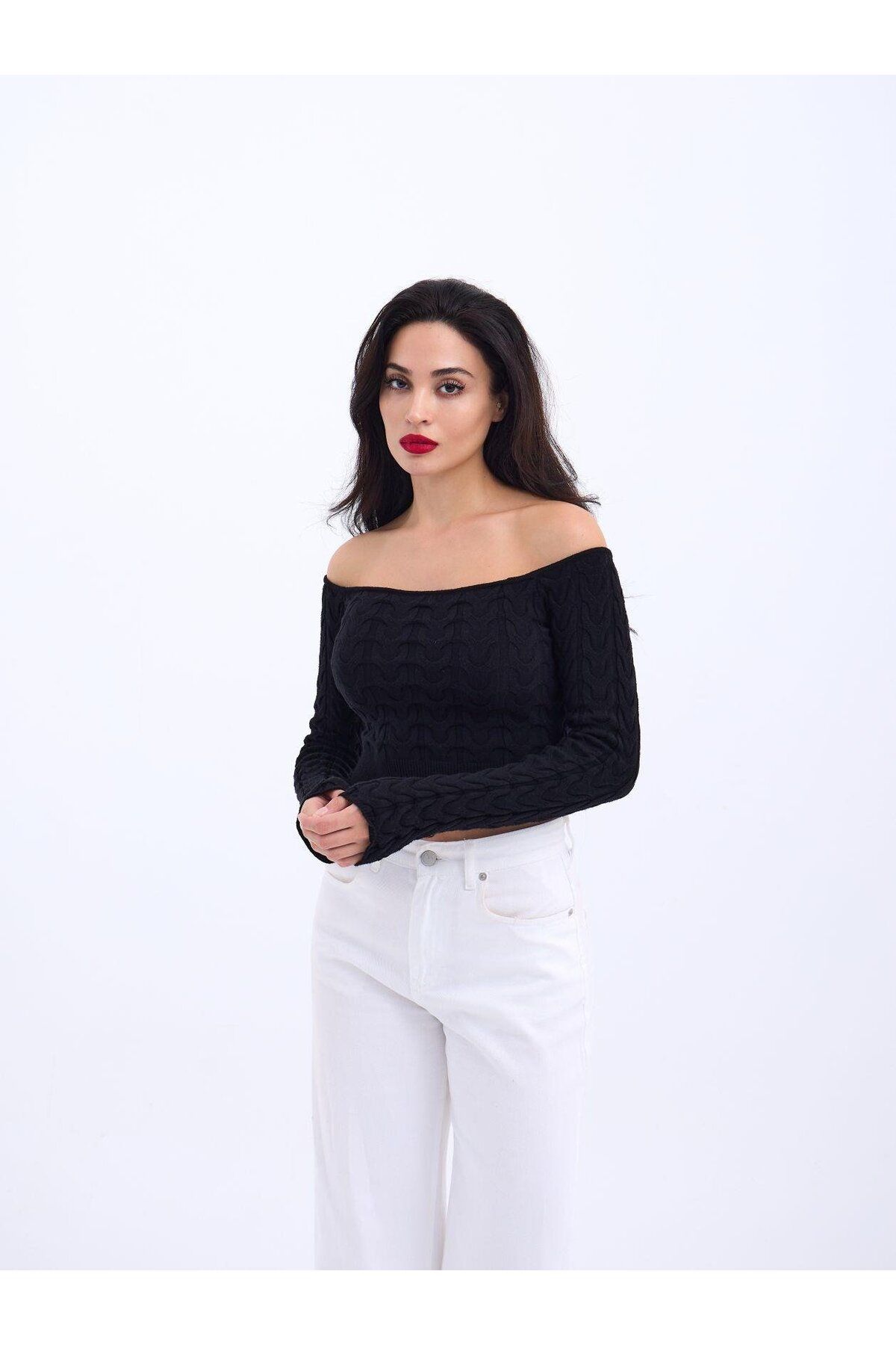 velmorafashion 42241 TRİKO KAYIK YAKA CROP-SİYAH
