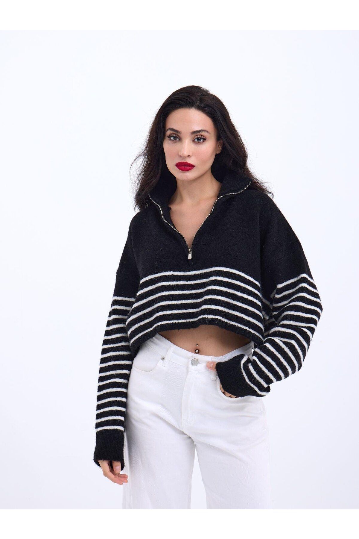 velmorafashion 43311 TRİKO ÇİZGİLİ FERMUARLI CROP-SİYAH-EKRU