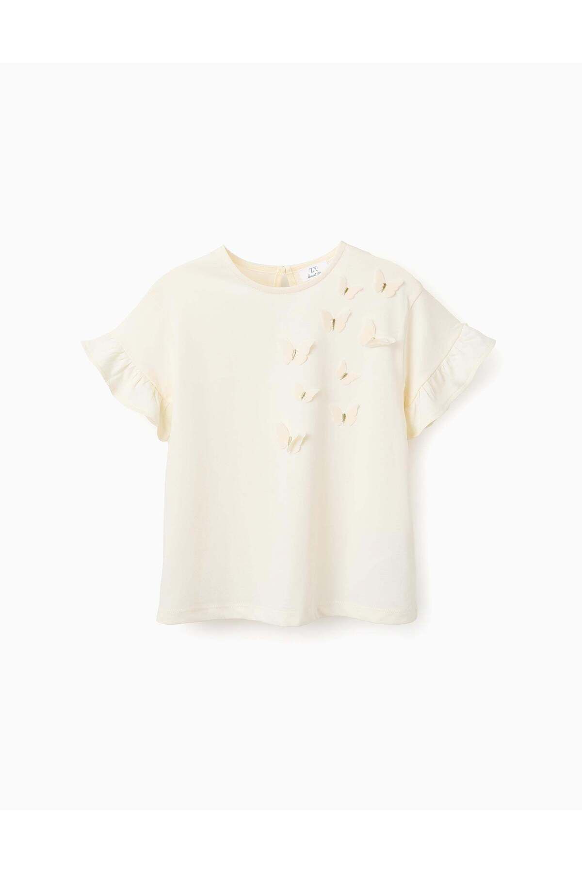 Ziddy-Cotton T-shirt with 3D Butterflies for Girls, Beige 1