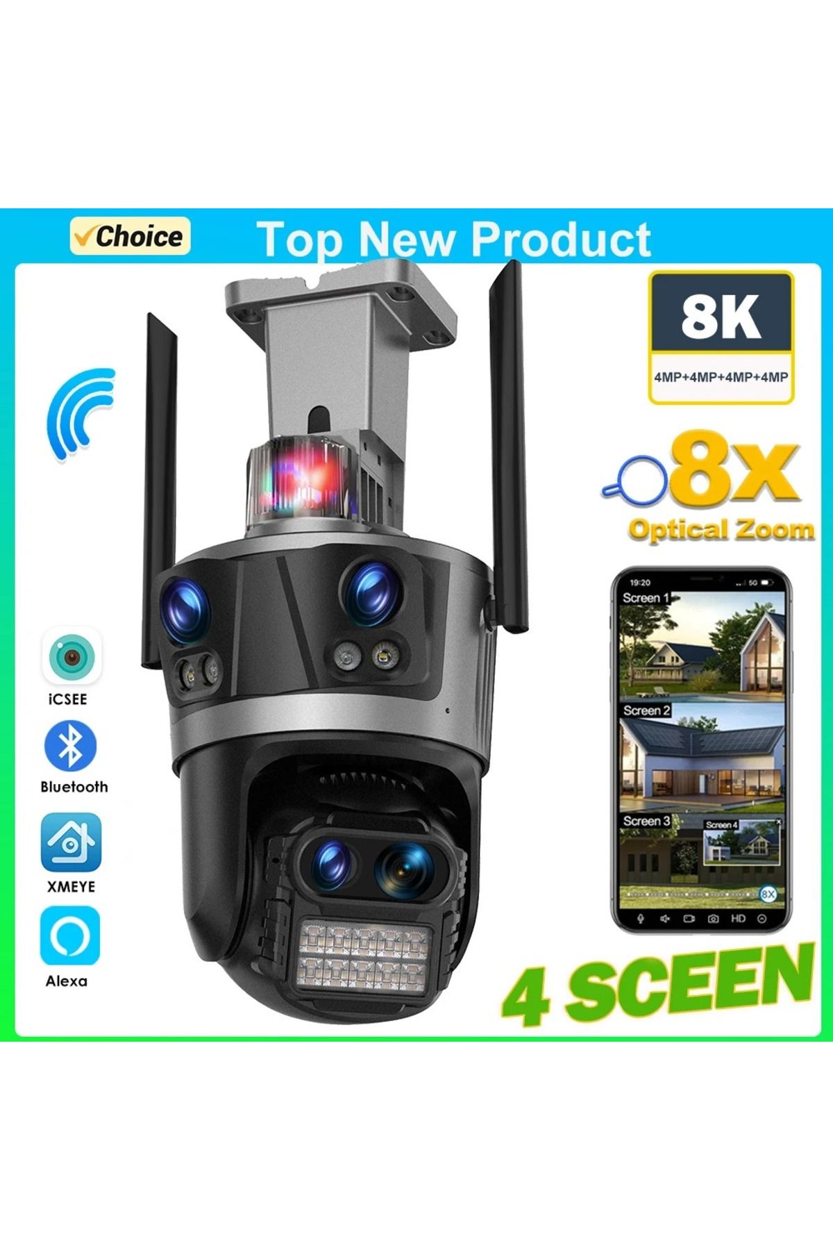 Yellowtech 8K 16MP WiFi Kamera Dört Lens Dört ekran IP kamera 8X optik Zoom Hareket Takip 64GB SD Kart