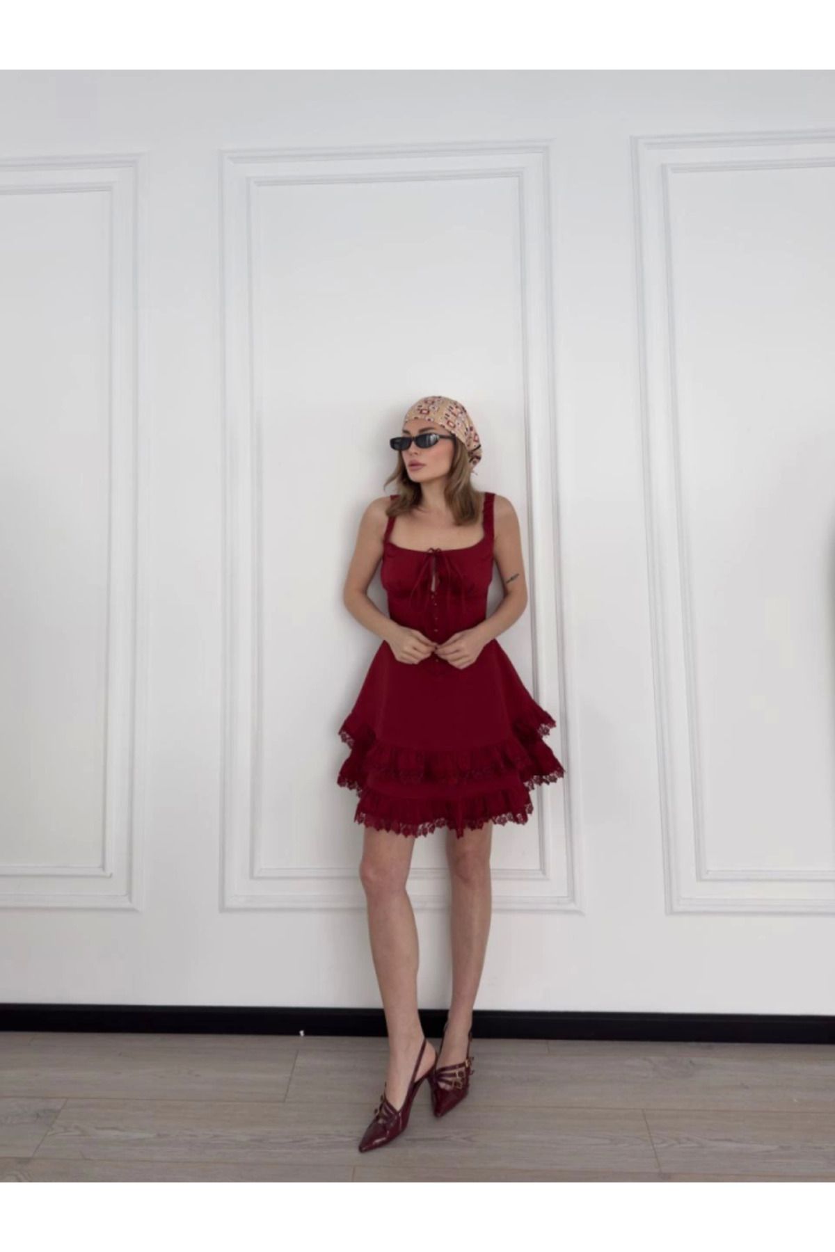Asap Mini Askılı Elbise - Bordo