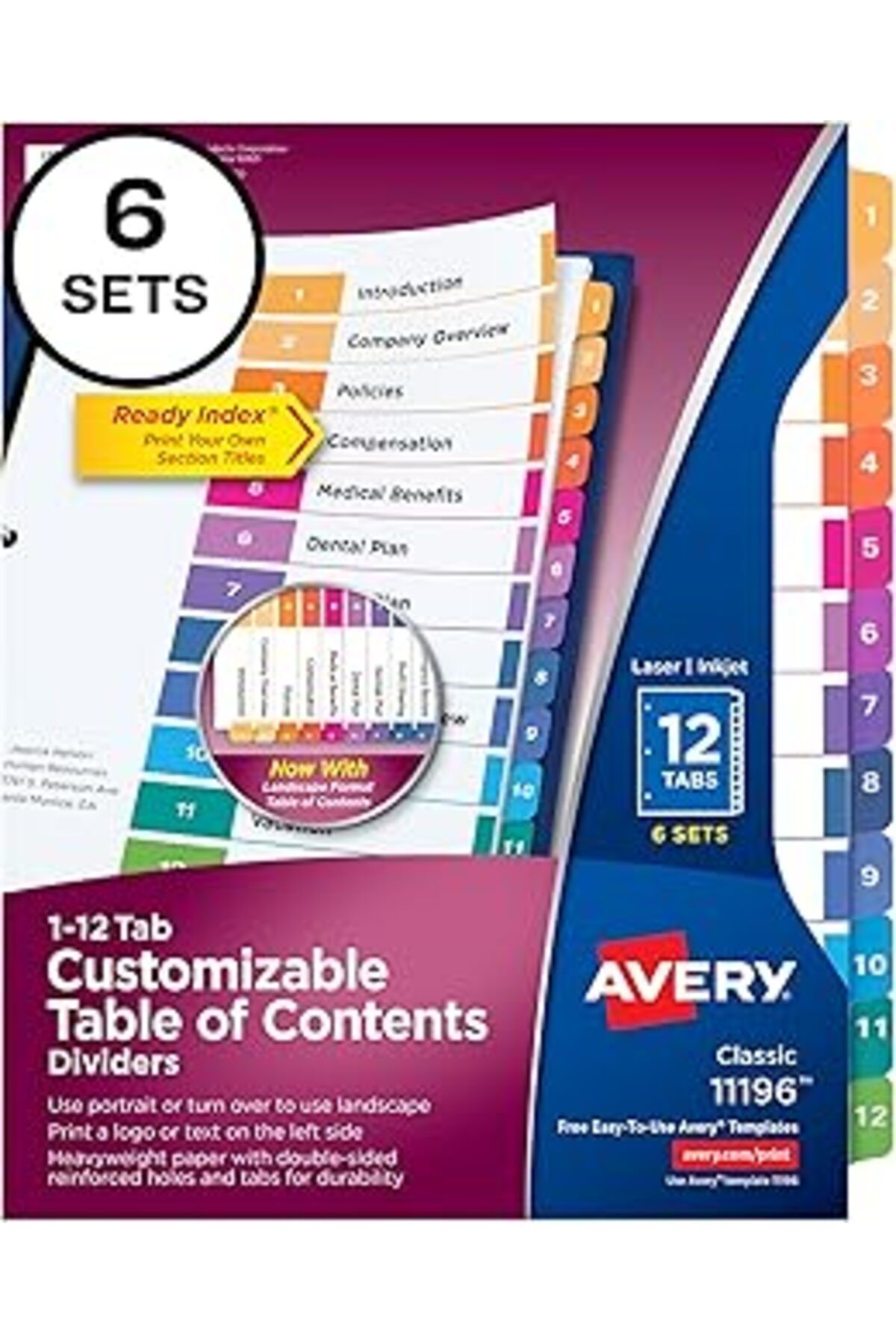 nazeninstoğu-Avery Ready-Made Index 12-Tab Binder Dividers, Customizable Contents, Multicolor Tabs, 1