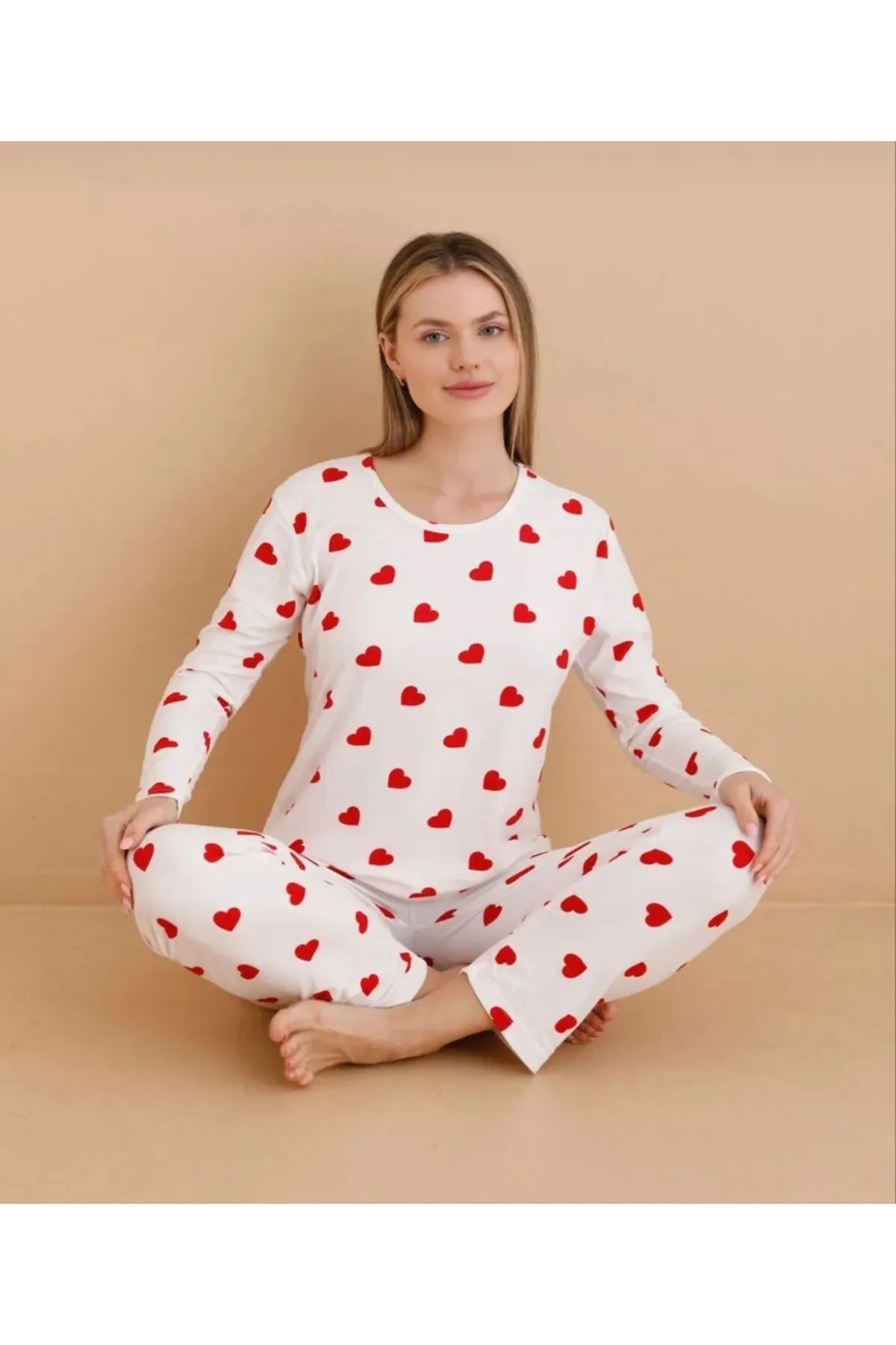 ESM Noche-Women's Pajama Set - Heart Pattern - Viscose Fabric - Bottom Top Set 3