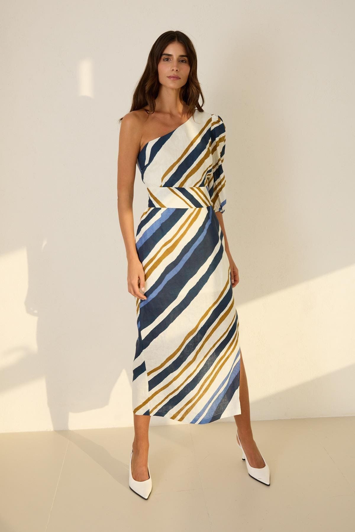 Setre-Ecru - Navy Blue One Shoulder Detailed Waist Belted Patterned Wide Fit Linen Dress 2