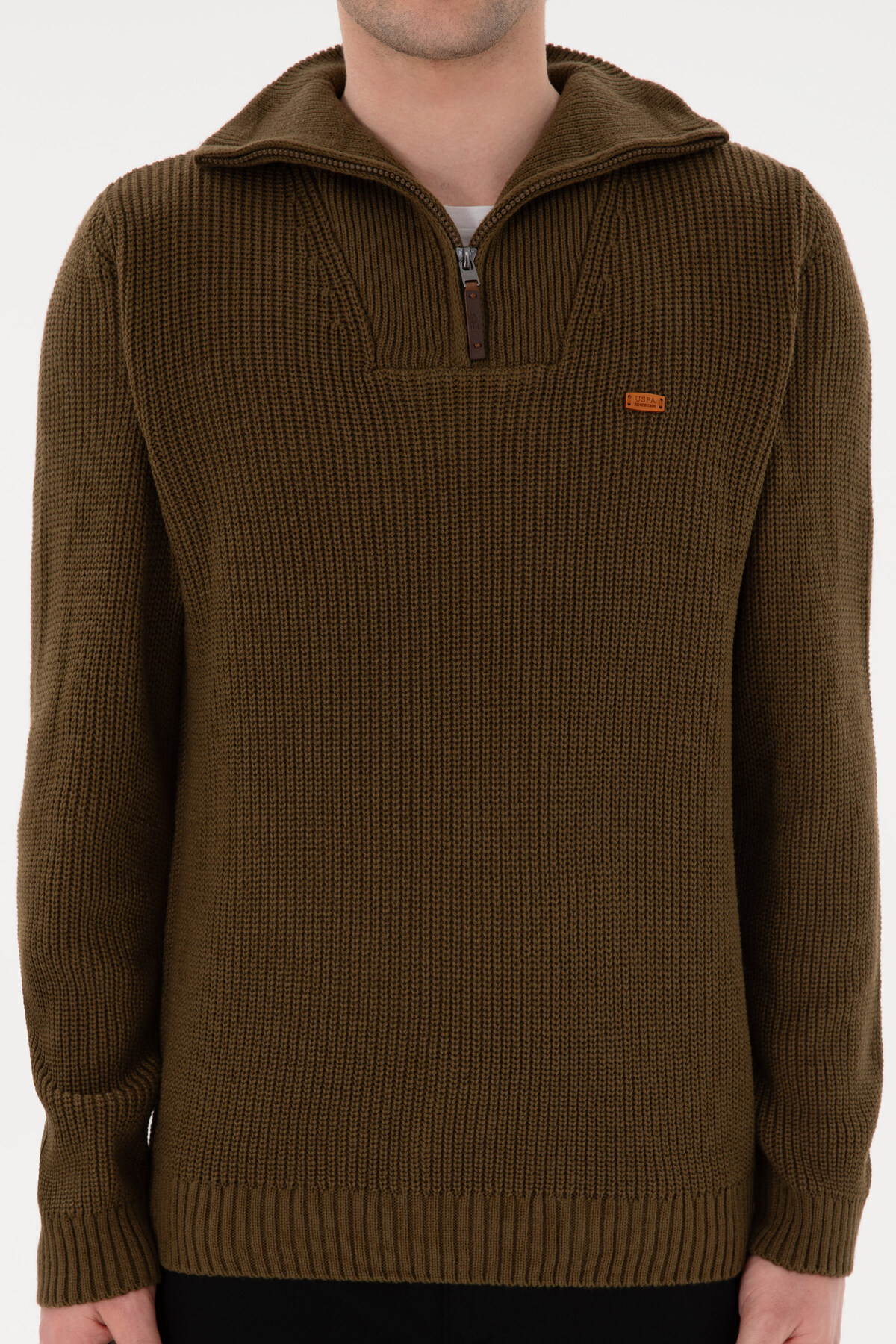 U.S. Polo Assn. Erkek Regular Fit Yarım Fermuarlı Haki Kazak 50297047-VR027 görsel 6