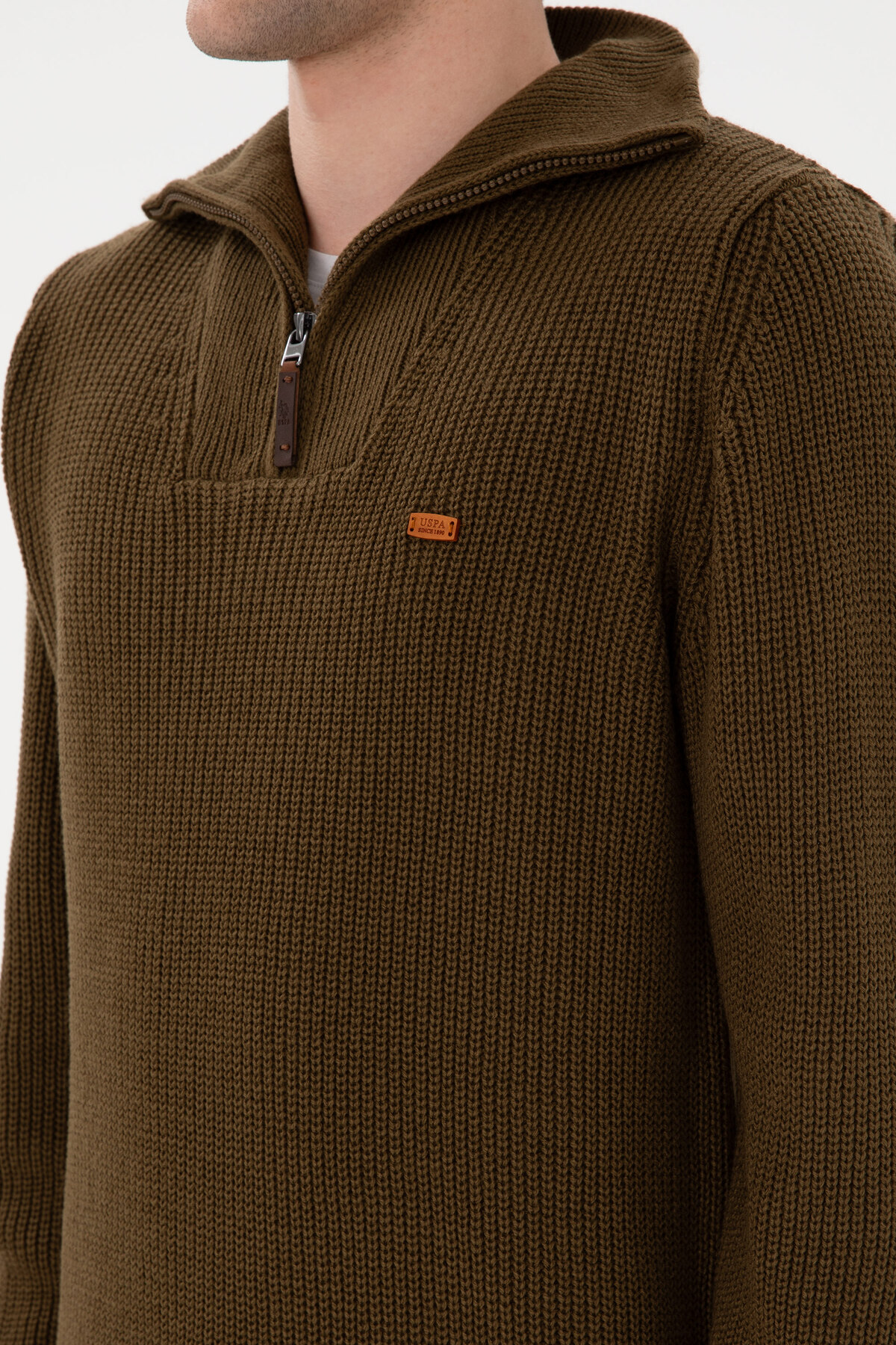 U.S. Polo Assn. Erkek Regular Fit Yarım Fermuarlı Haki Kazak 50297047-VR027 görsel 7