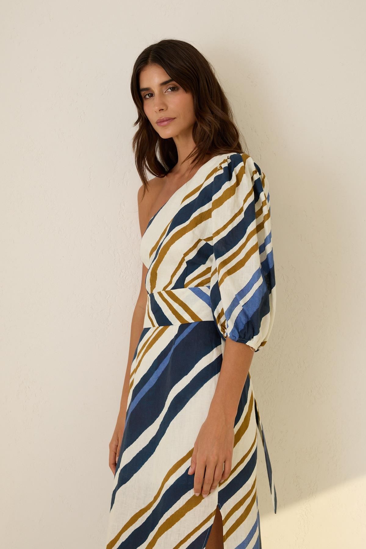 Setre-Ecru - Navy Blue One Shoulder Detailed Waist Belted Patterned Wide Fit Linen Dress 4