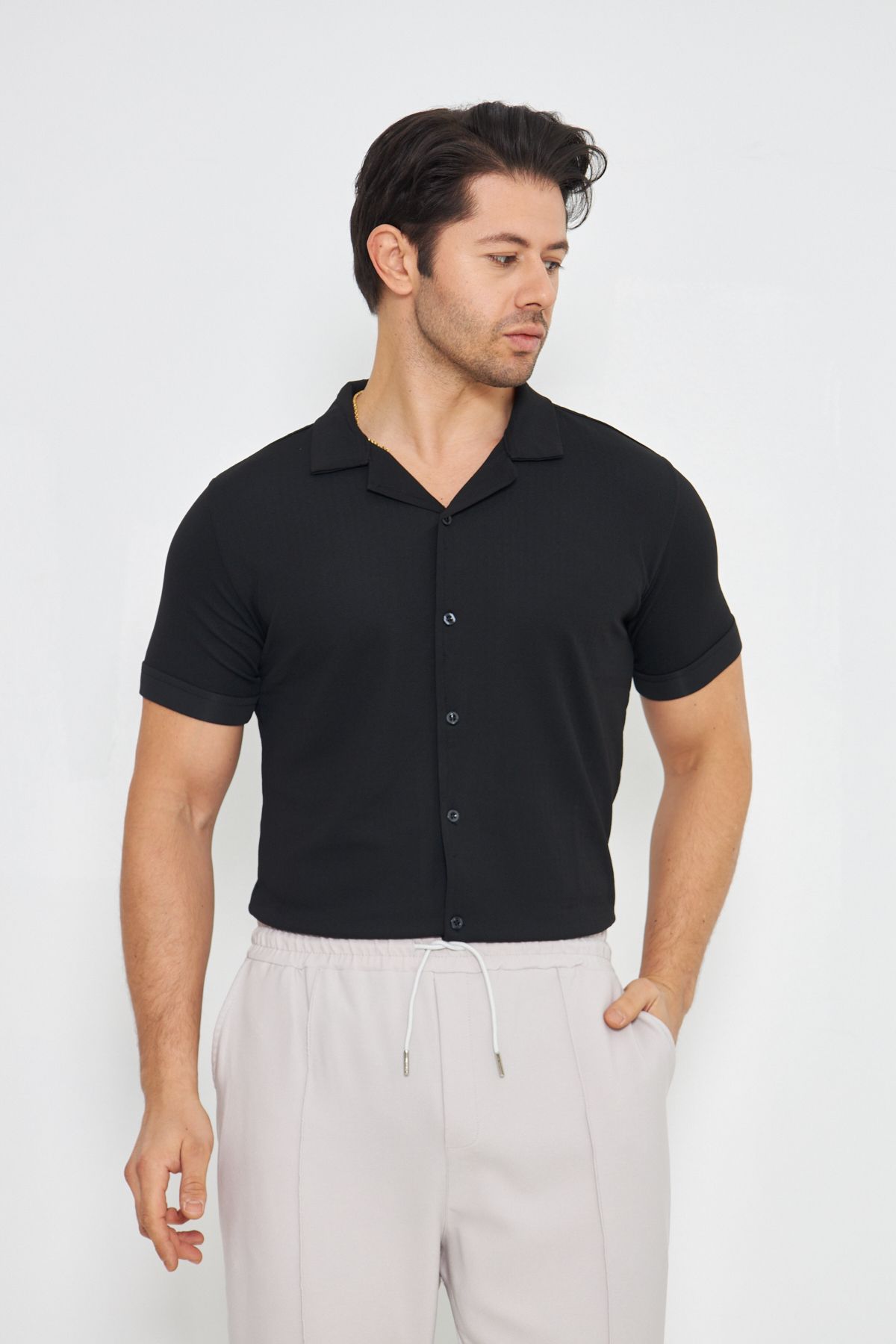 ZİNOX-Men's Knitted Fabric Buttoned Apache Collar Stylish Crepe Pattern Short Sleeve Shirt Suitable for Daily Use 6