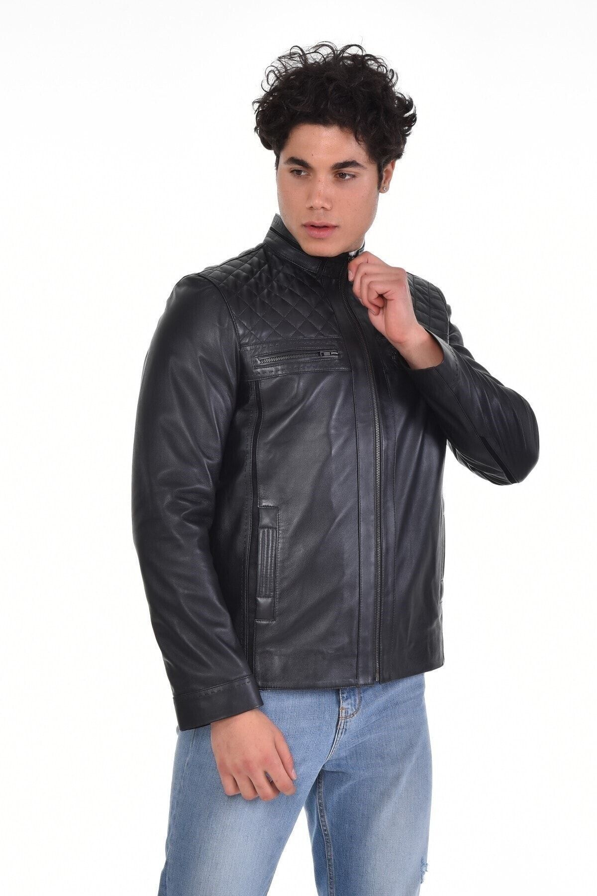 DeriWork-Genuine Leather Shoulder Diamond Patterned Four Pocket Leather Jacket Black 6