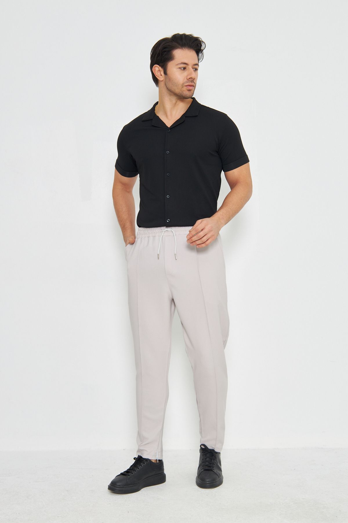 ZİNOX-Men's Knitted Fabric Buttoned Apache Collar Stylish Crepe Pattern Short Sleeve Shirt Suitable for Daily Use 3