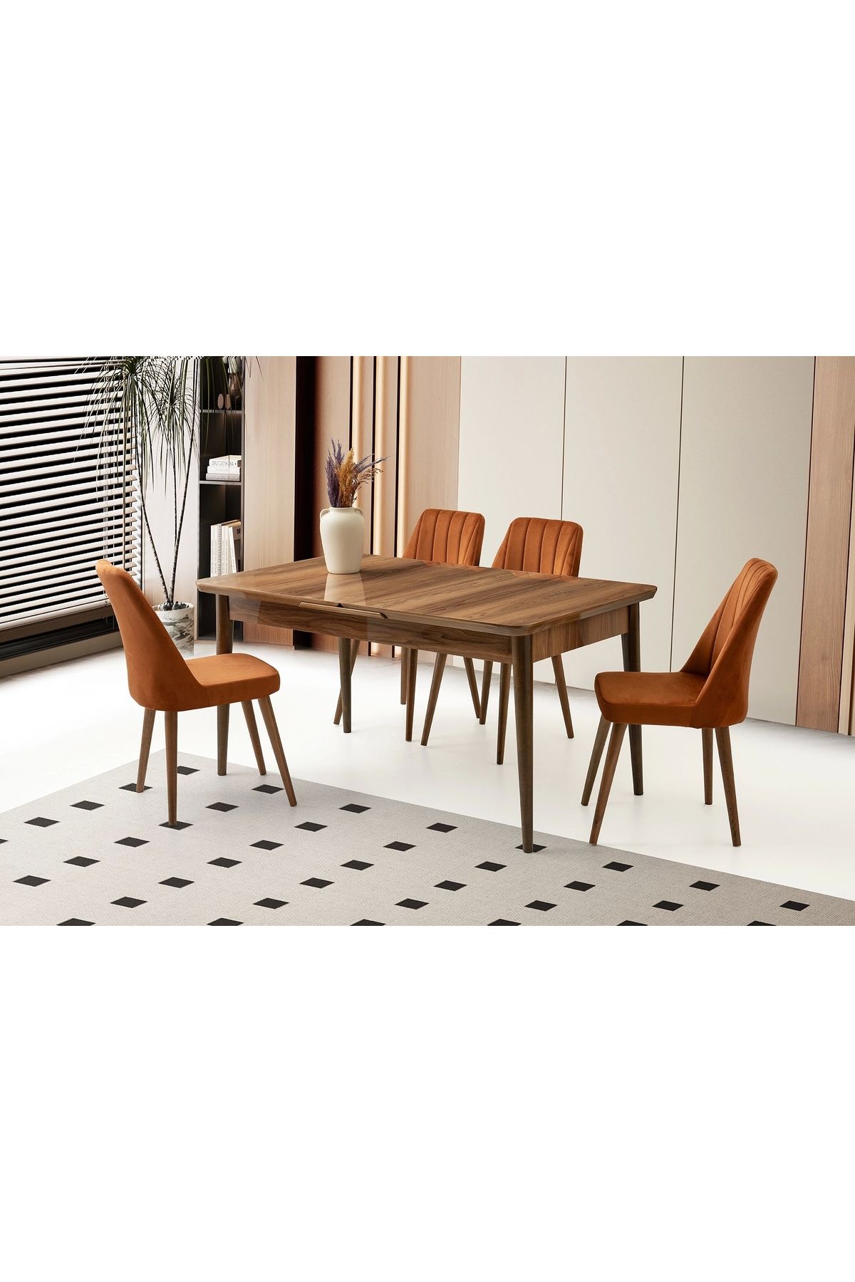 Evistro Kelebek Hazar Ahşap Salon Yemek Masa Sandalye Takımı 4 Sandalyeli Ortadan Açılır Büyüyen 90x160cm Ce
