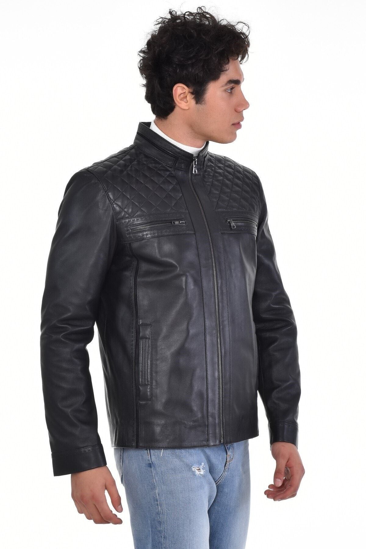 DeriWork-Genuine Leather Shoulder Diamond Patterned Four Pocket Leather Jacket Black 1