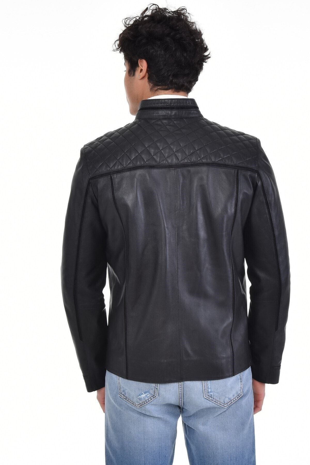 DeriWork-Genuine Leather Shoulder Diamond Patterned Four Pocket Leather Jacket Black 3