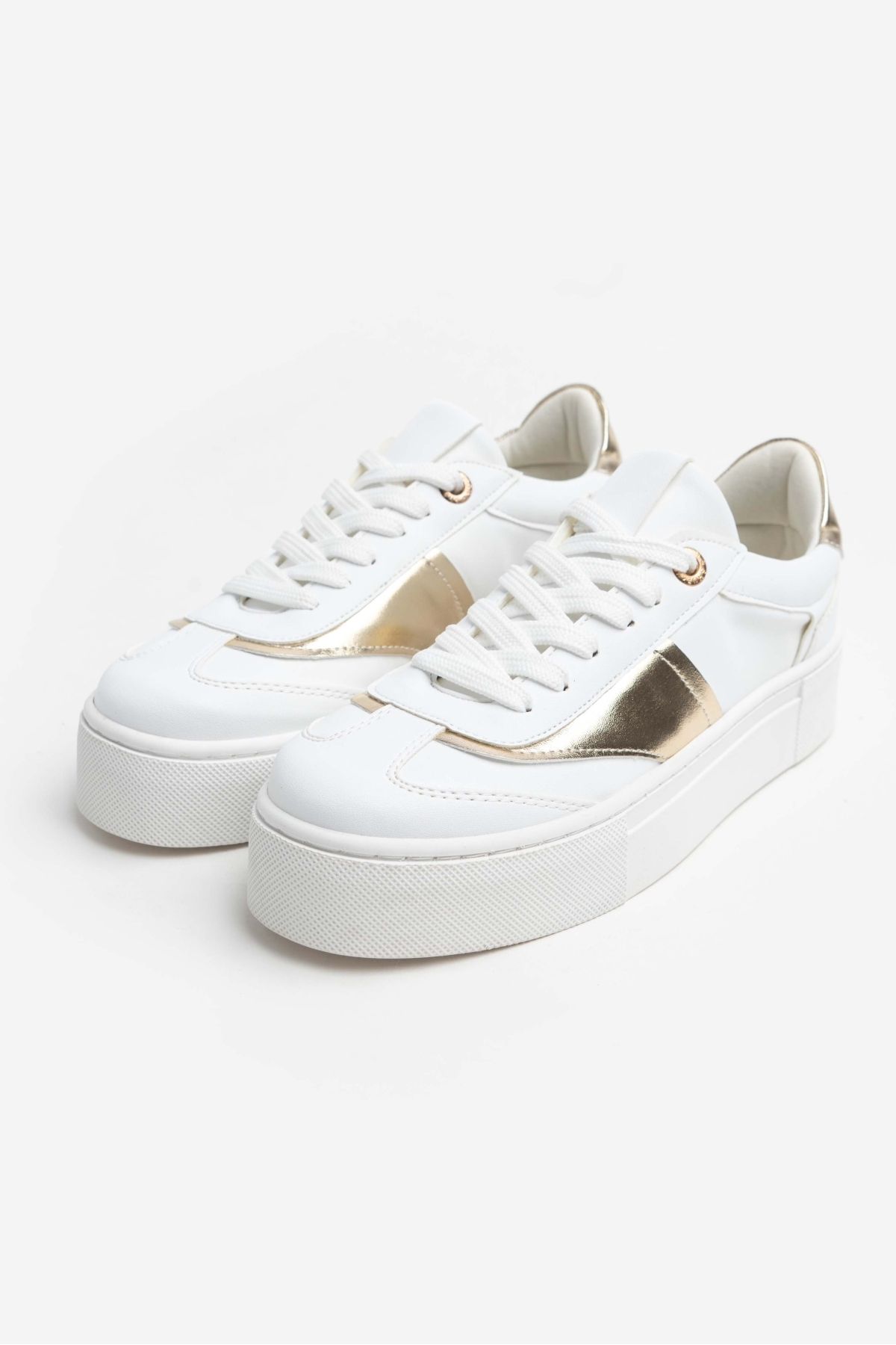 NİŞANTAŞI SHOES-Rowan White Matte Gold Detailed Thick Sole Women's Lace-Up Sports Shoes 6