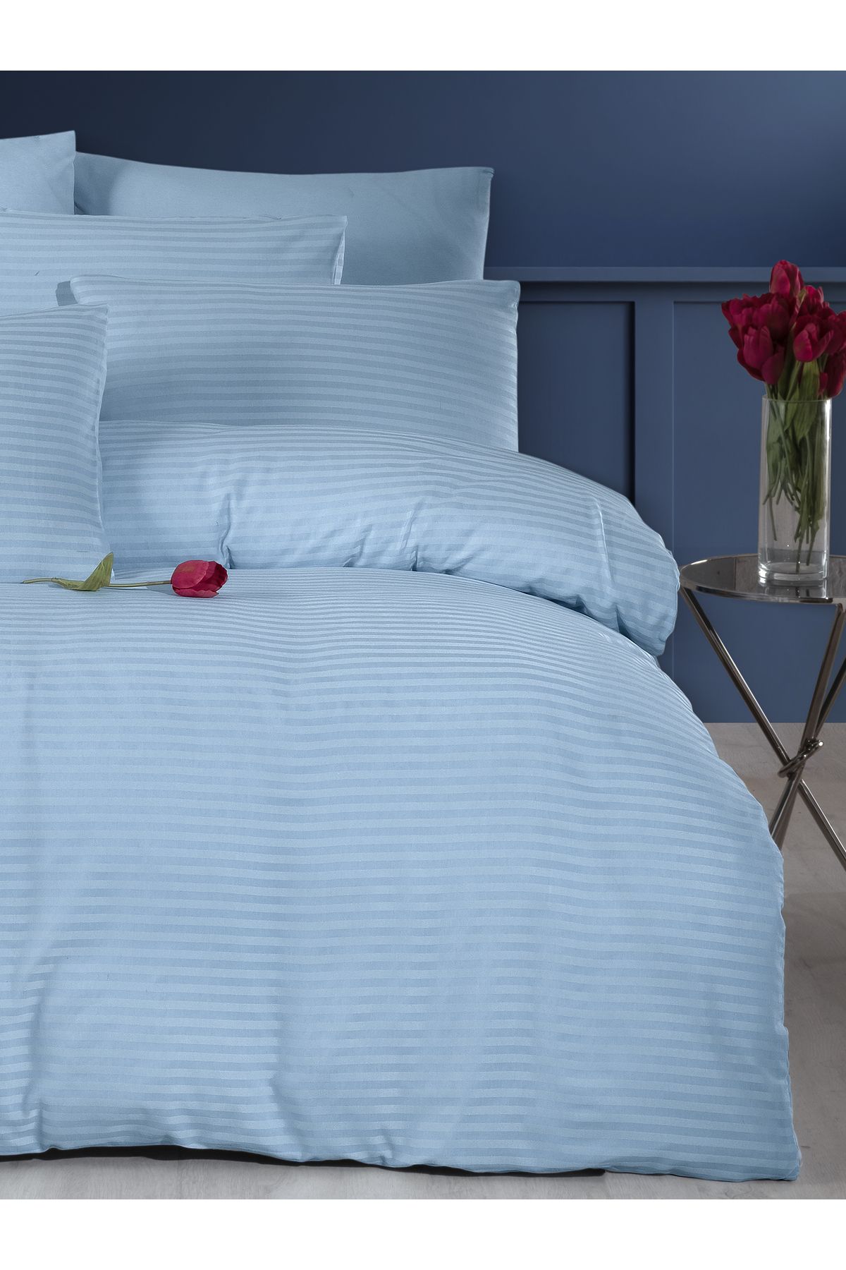 MyStory Home-Blue Satin Single Personality Duvet Cover Set with Elastic Sheets 2