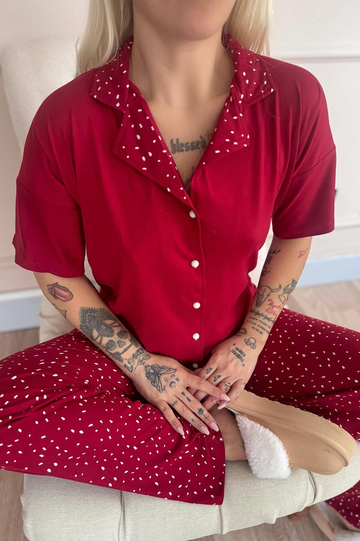 Pijamaevi-Red Blush Dots Patterned Bamboo Front Buttoned Short Sleeve Pajama Set 4