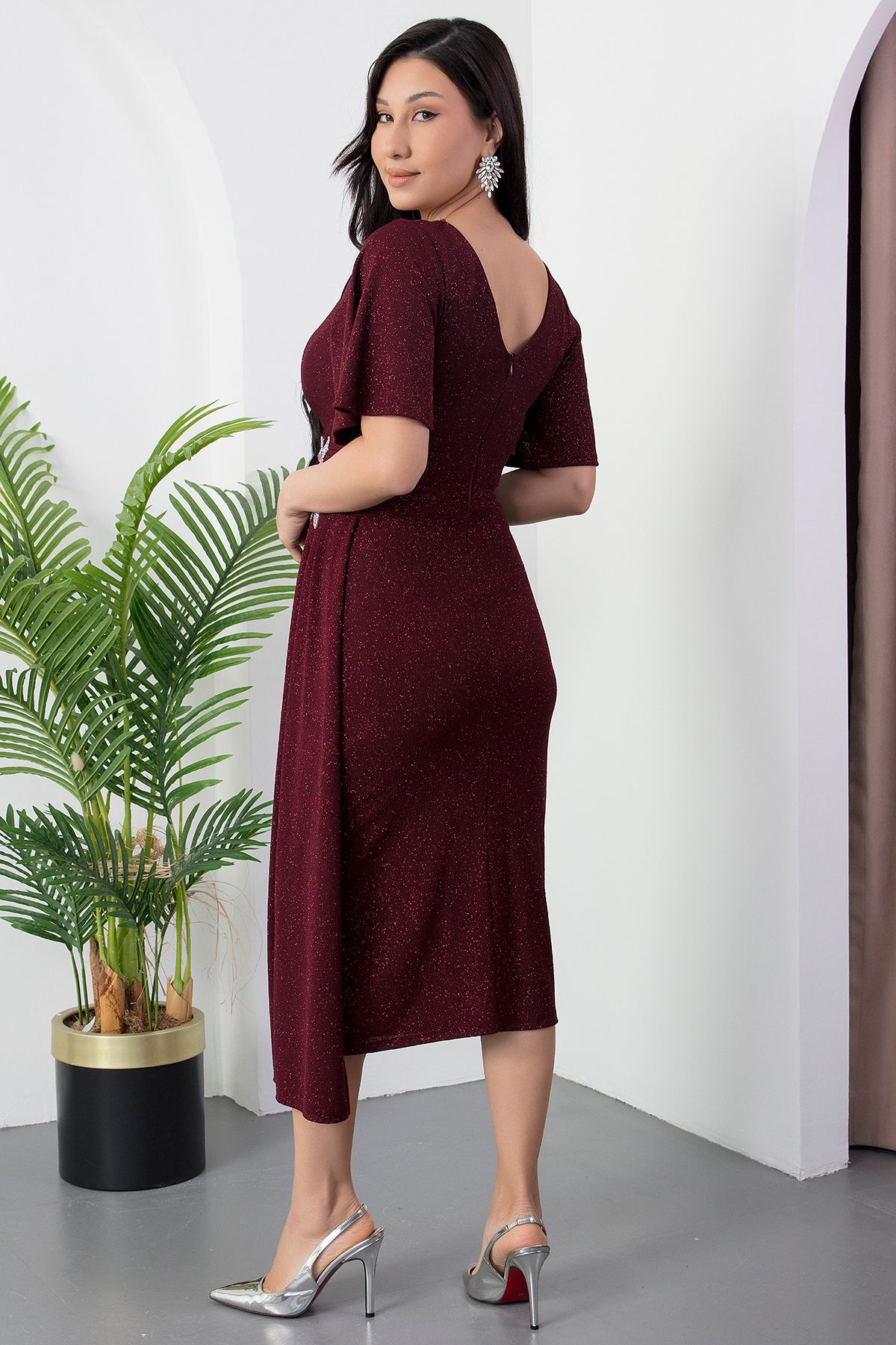 PULLIMM-Rochie cu guler dublu cu talie cu flori cu pietre 39937 7