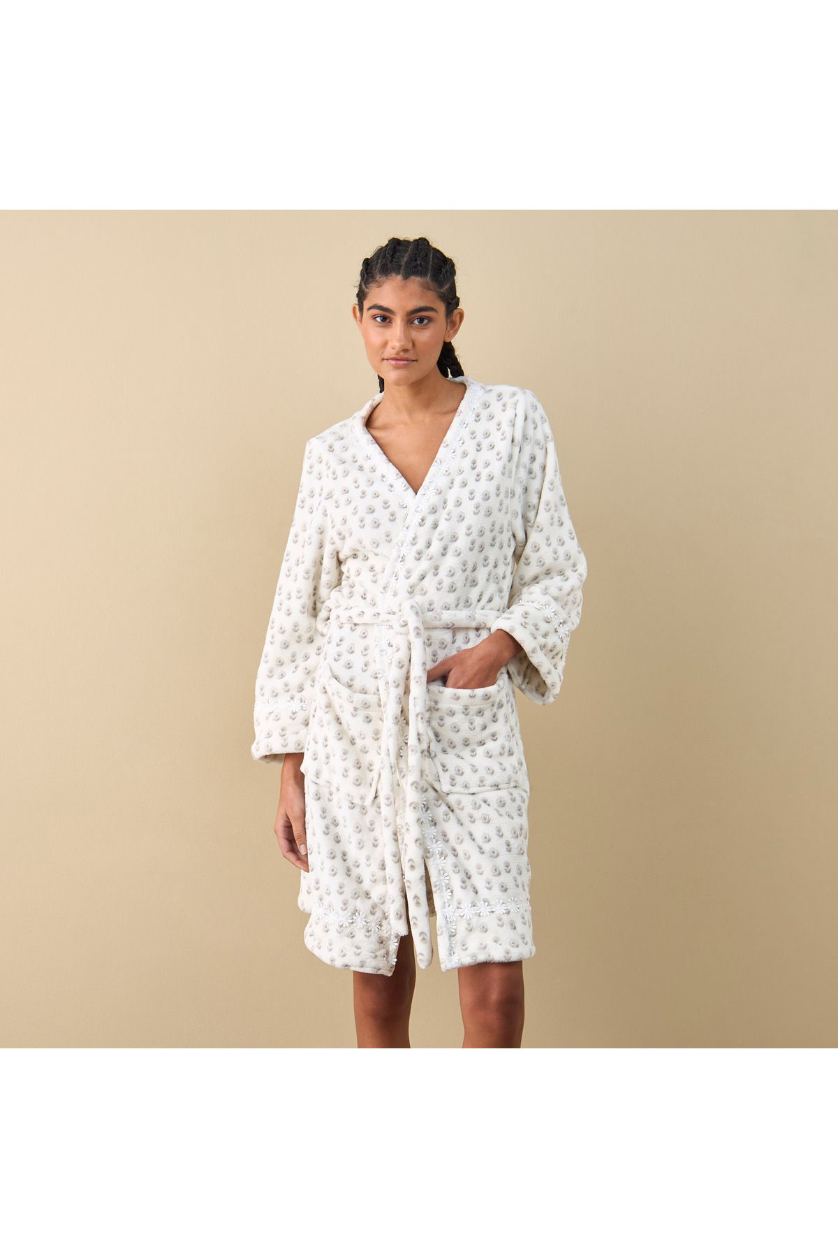 FAV-Textured Robe with Tie-Up Belt and Pockets 1