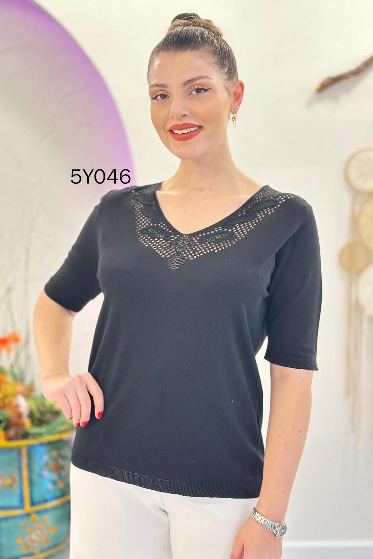 İnce Topuk-V-Neck Openwork Mercerized Knitwear Blouse 5Y046 2