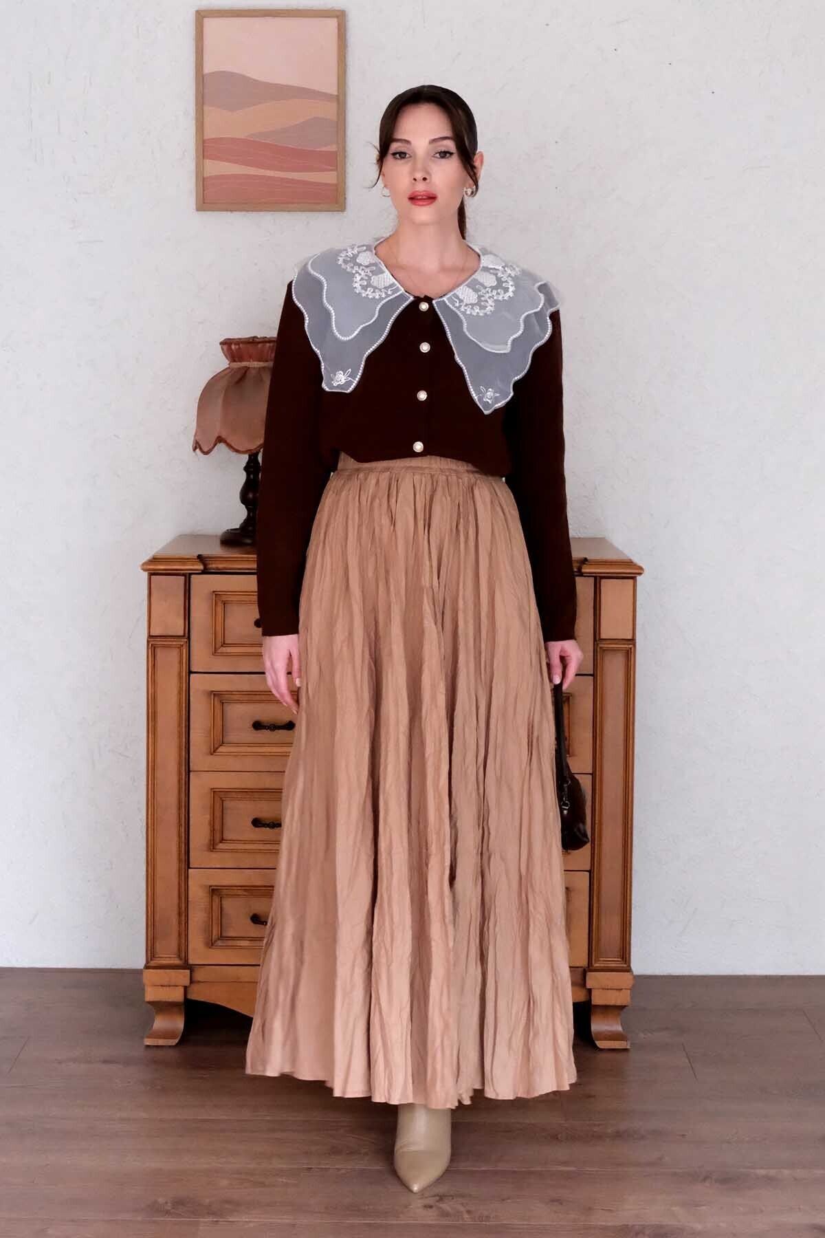 Ceylan Otantik-Milk Coffee Cropped Bohemian Skirt & Lace Collar Bitter Coffee Knitwear Cardigan 3