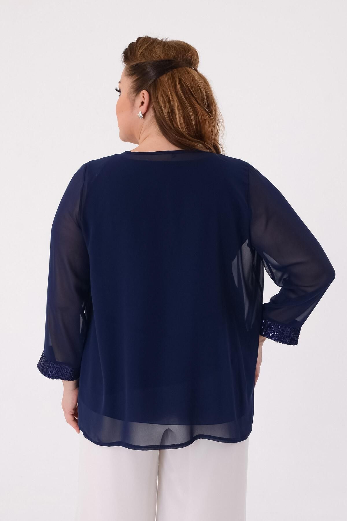 LİLAS XXL-Bluză de rochie de seară din șifon de culoare bleumarin de mărime mare 4