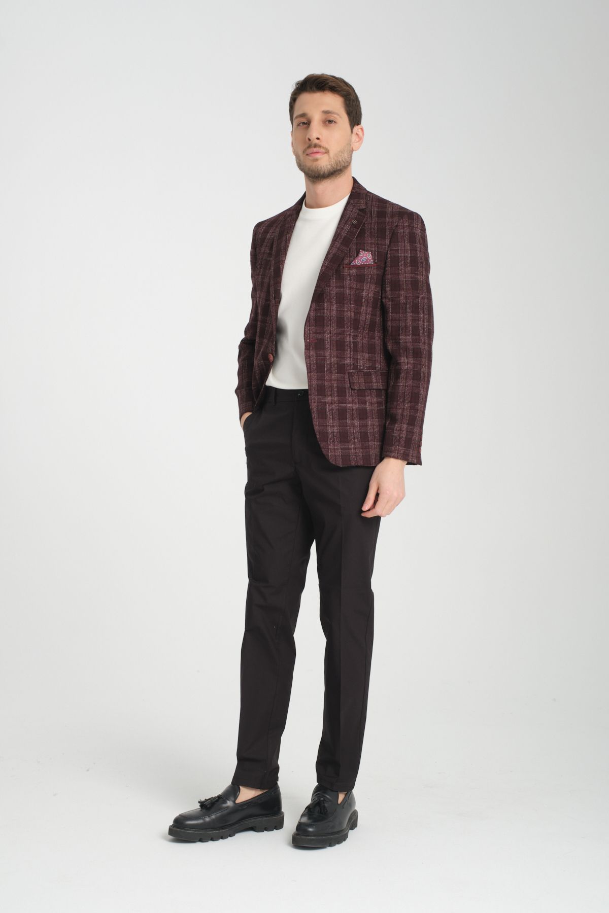 Frappoli-Galileo Men's Burgundy Check Plaid Mono Collar Non-Stretch Fabric Thick Fabric Slim Fit Blazer Jacket 7