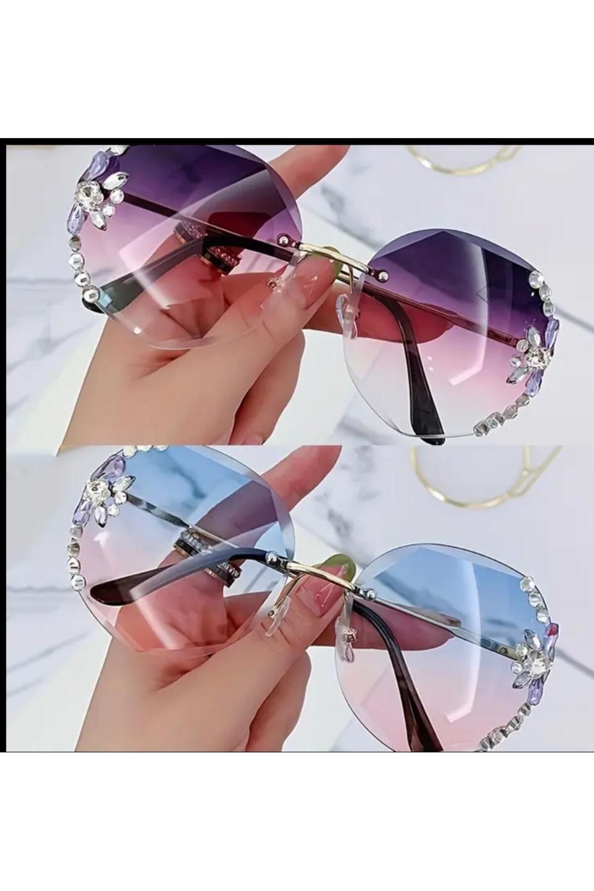 SUNA-Fashion Glasses, Rimless with Edge Cutout and Shiny Gems for Sun Observation Purple 1