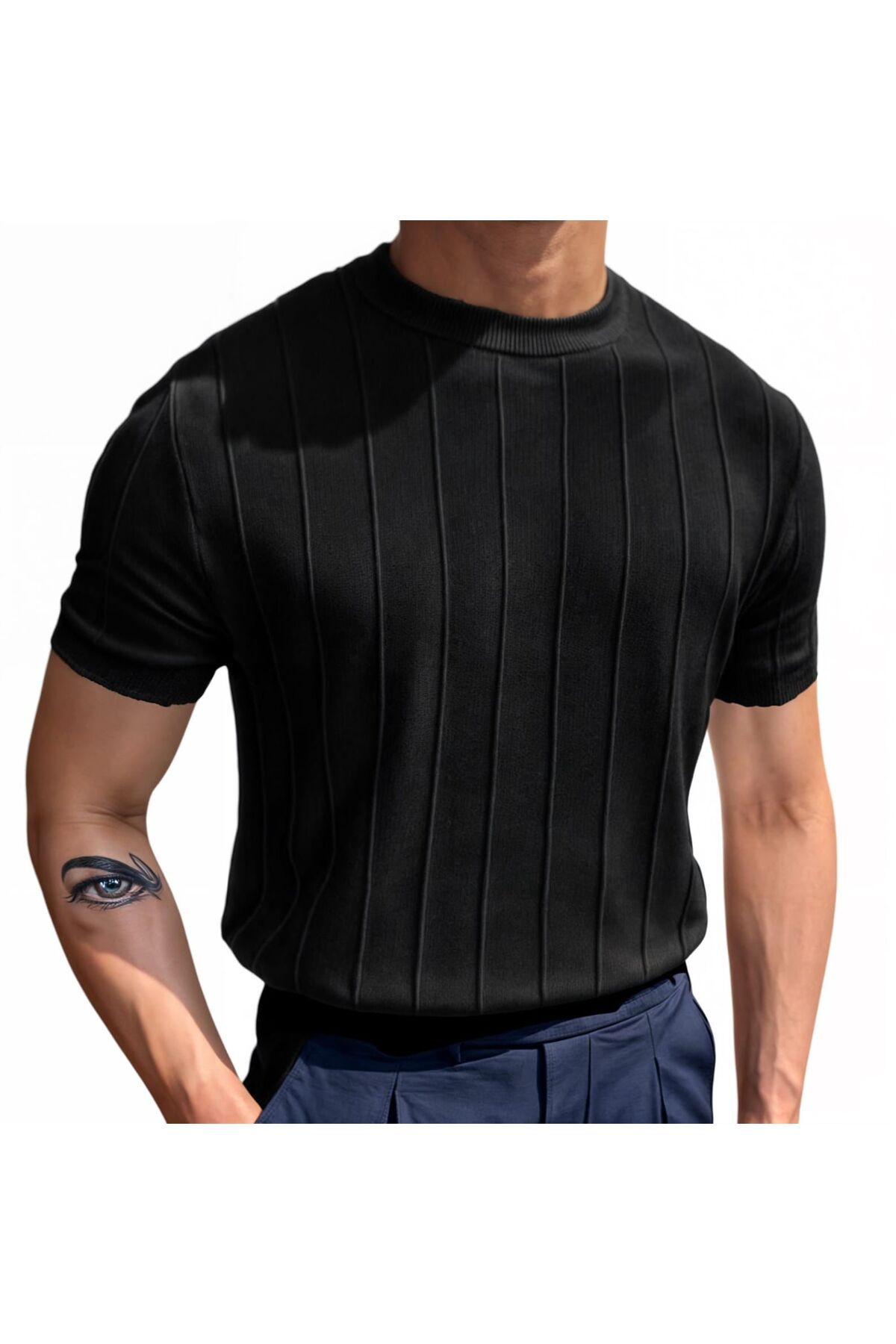 sunfyre-Men's Crew Neck Slim Fit Ribbed Slim Fit Vertical Striped Detail Stretch Fabric Short Sleeve Knitwear T-Shirt 1