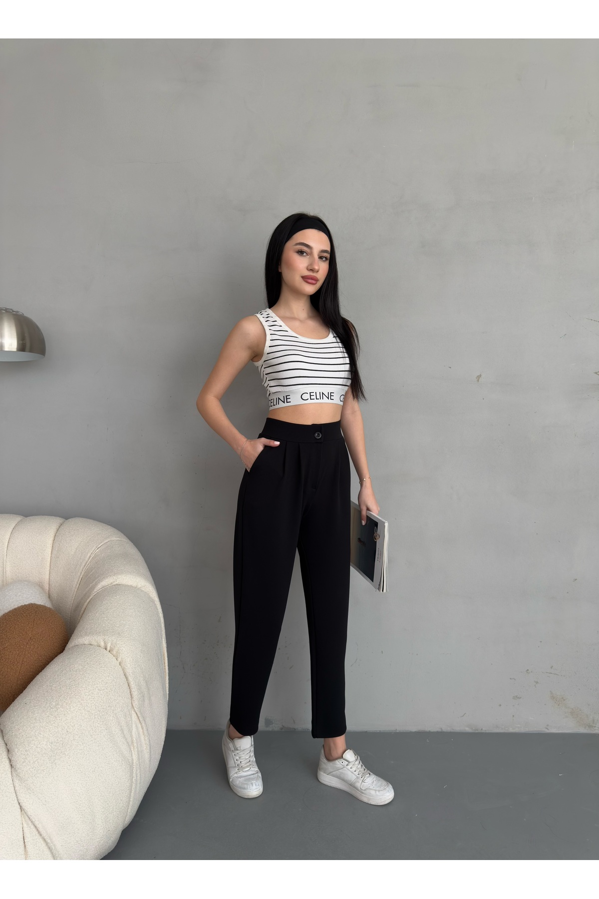 alanora  Kadın Yüksek bel Havuç Kesim Esnek/ Likralı Kumaş Pantolon - Görsel 8