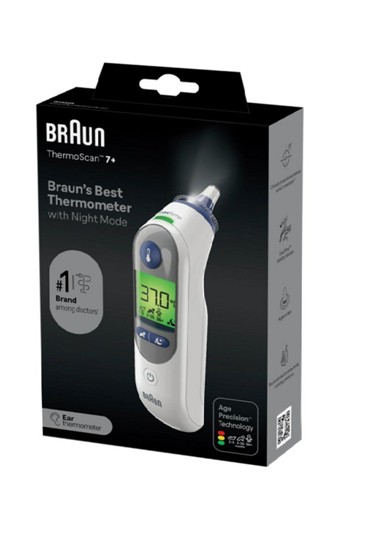 Braun-مقياس حرارة الأذن ثيرموسكان 7+ من براون Irt6525 مع الوضع الليلي 1