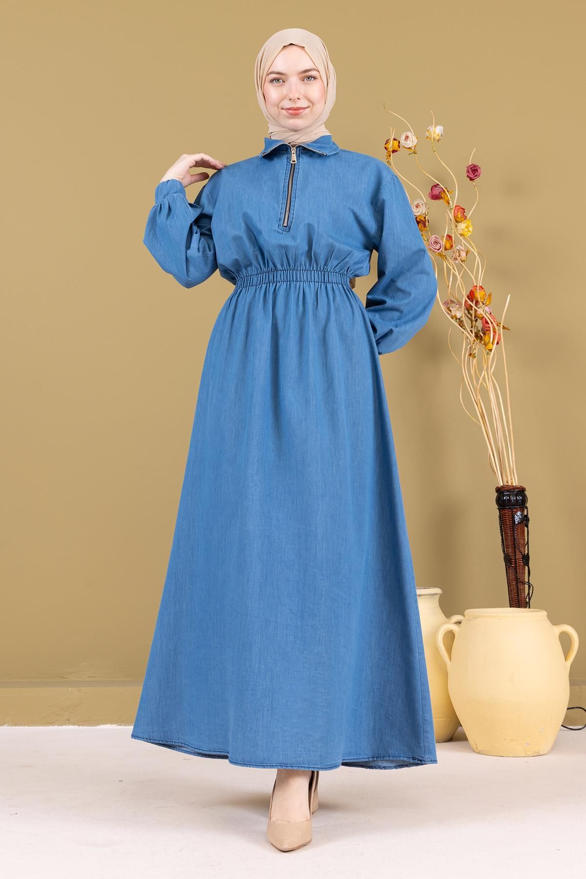Modamihram-Maybe Elastic Denim Dress - Zippered Light Blue 19240 3