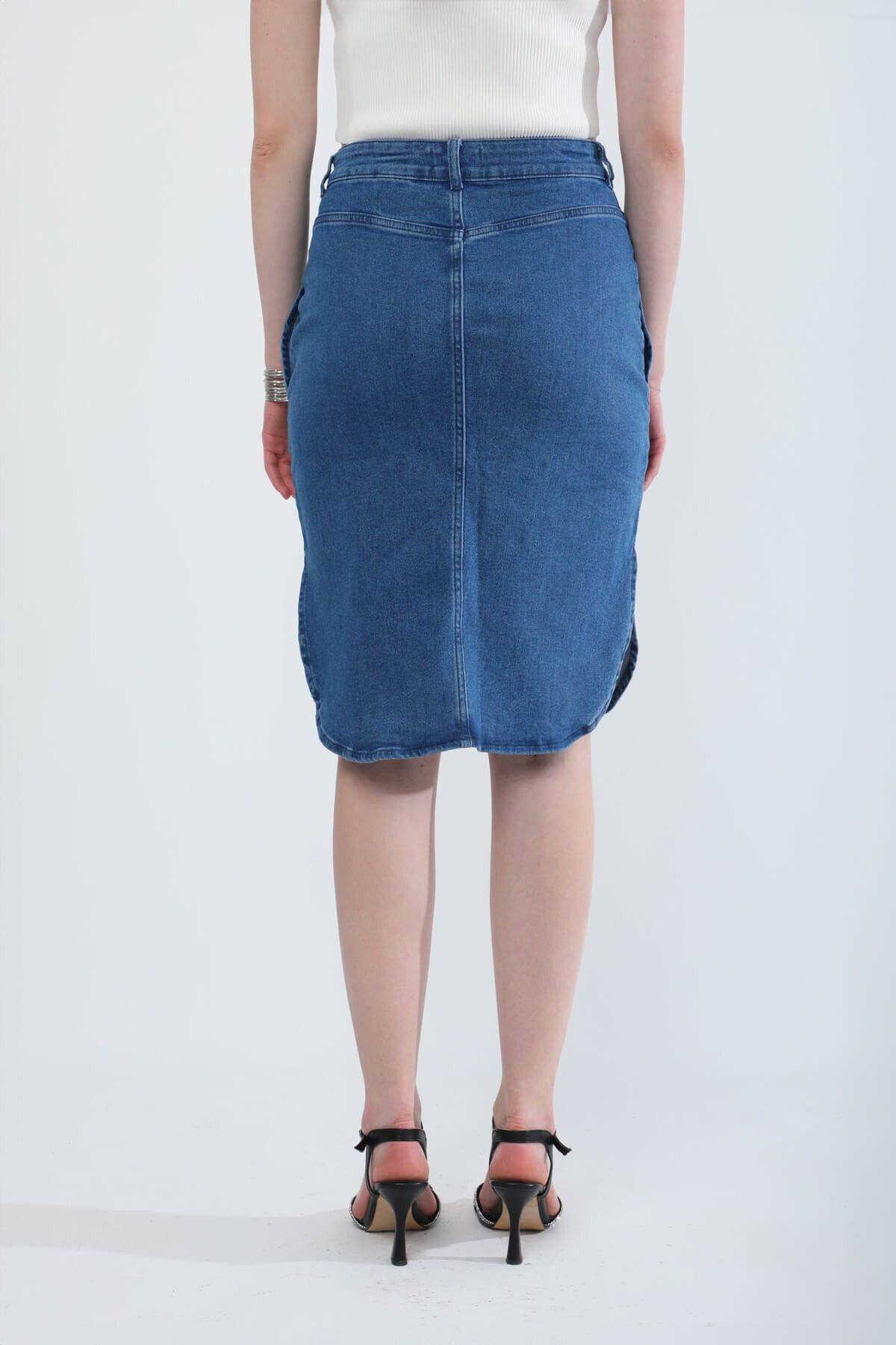 Bluewhite-Midi Length Lycra Blue Jean Skirt with Slit Detail 7