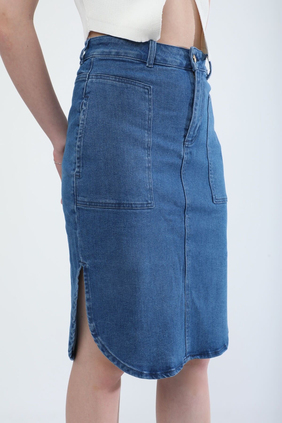 Bluewhite-Midi Length Lycra Blue Jean Skirt with Slit Detail 8