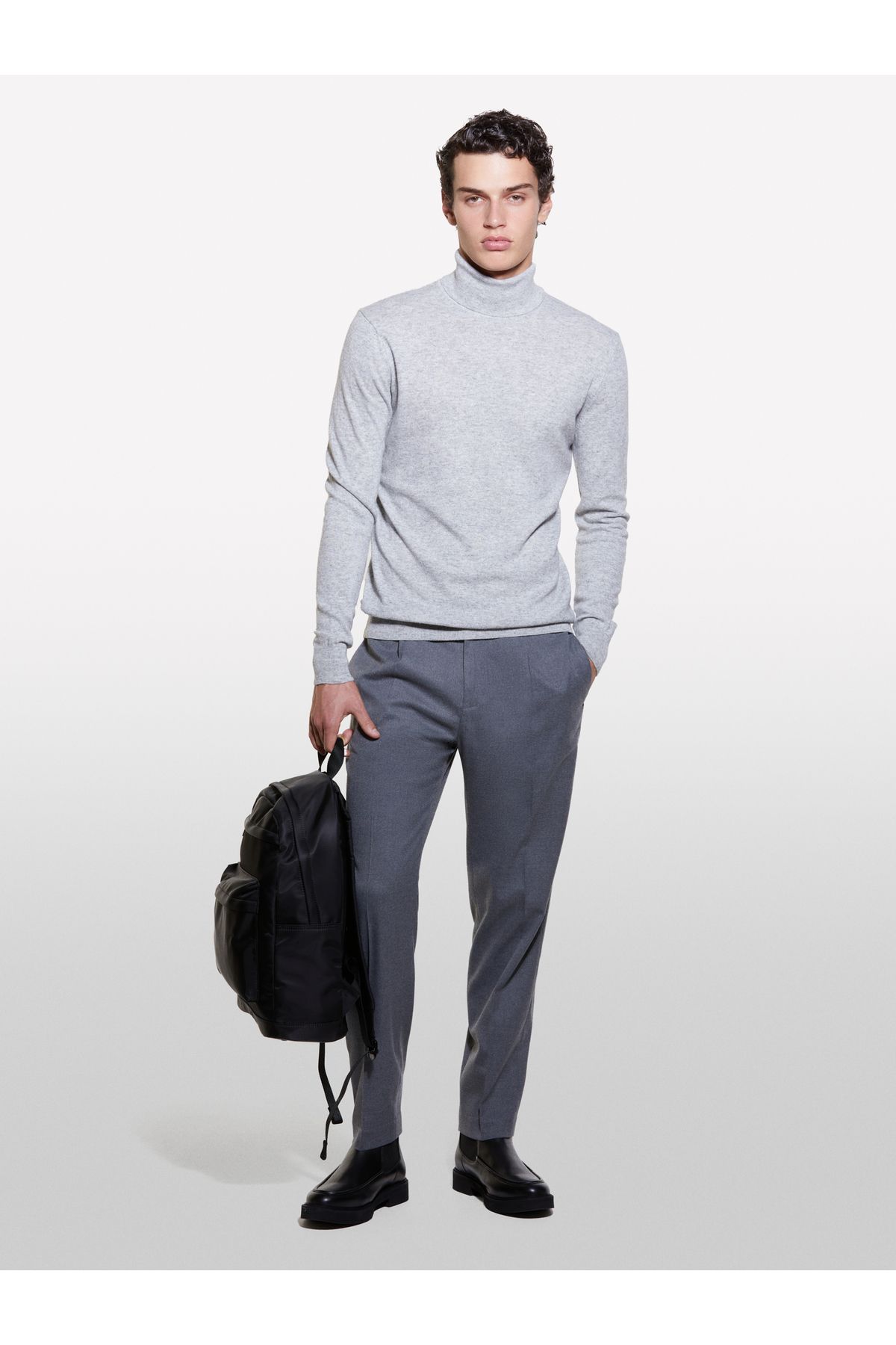 Sisley-Men's Gray Melange Cashmere Blended Stand Collar Sweater 1