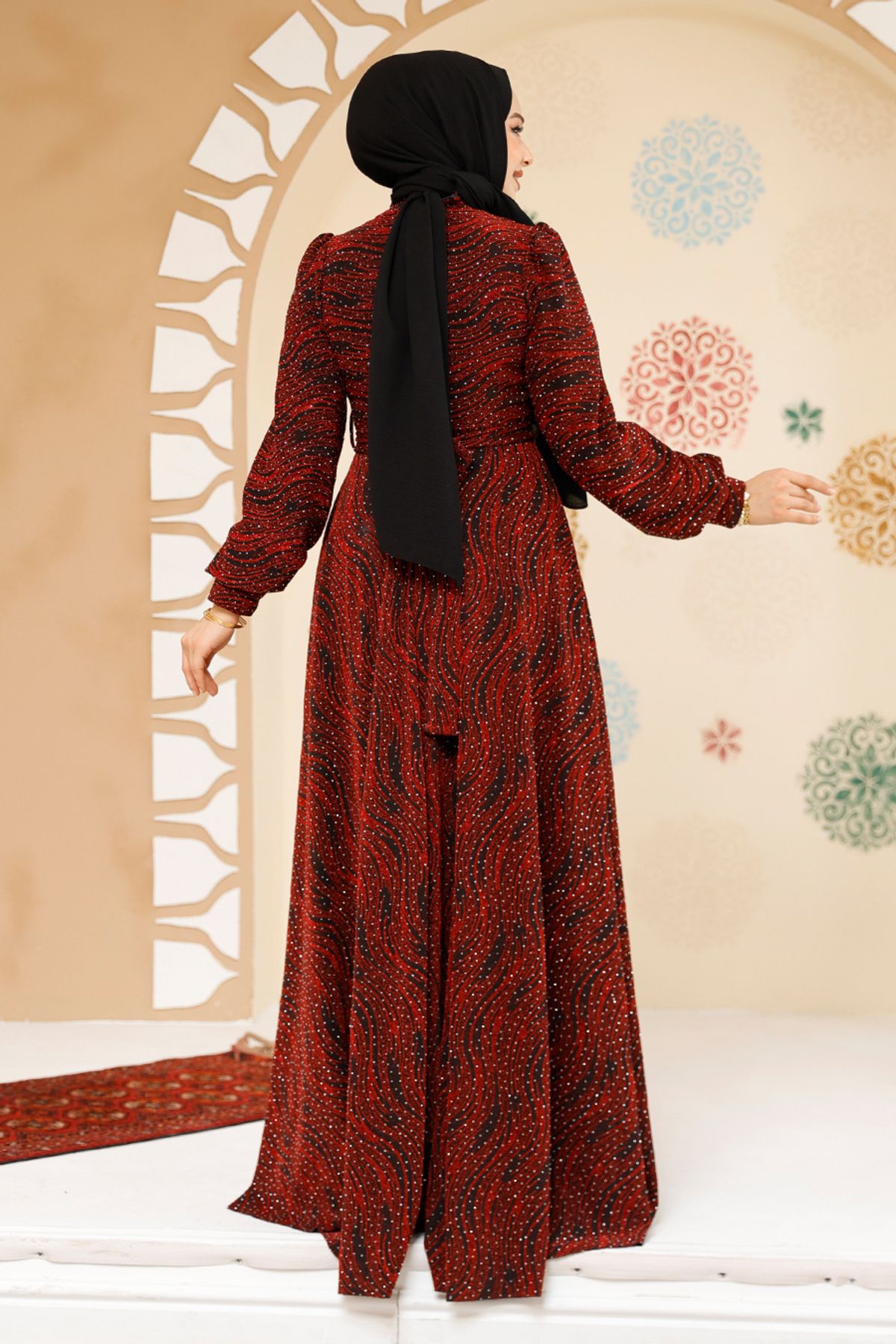 Neva Style-Stone Beaded Embroidered Burgundy Hijab Dress 23882Br 4