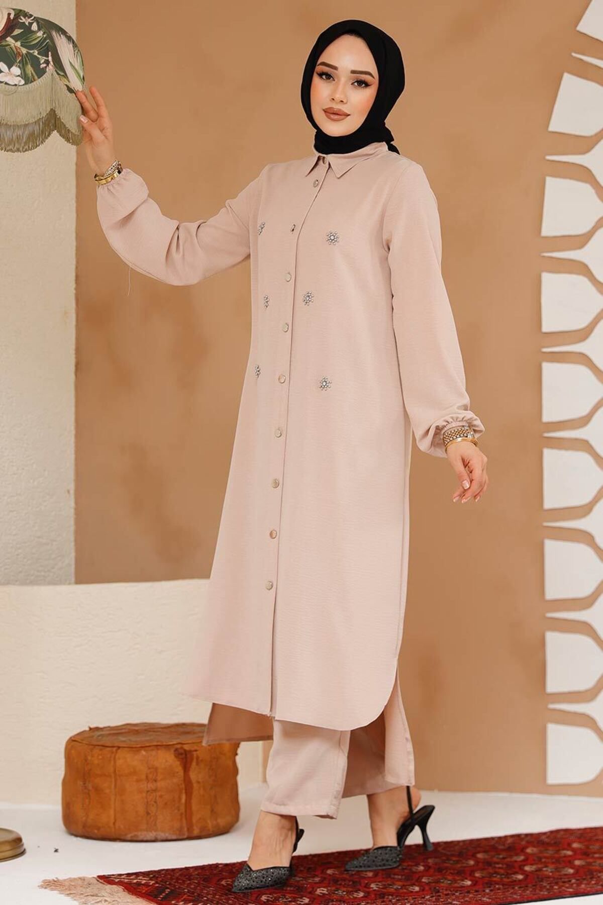 Neva Style-Beige Hijab Double Set - Bead Defined 12082Bej 3