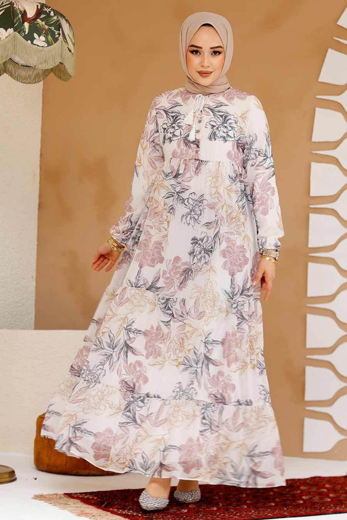 Neva Style-Floral Patterned Powder Hijab Dress 22055Pd 1