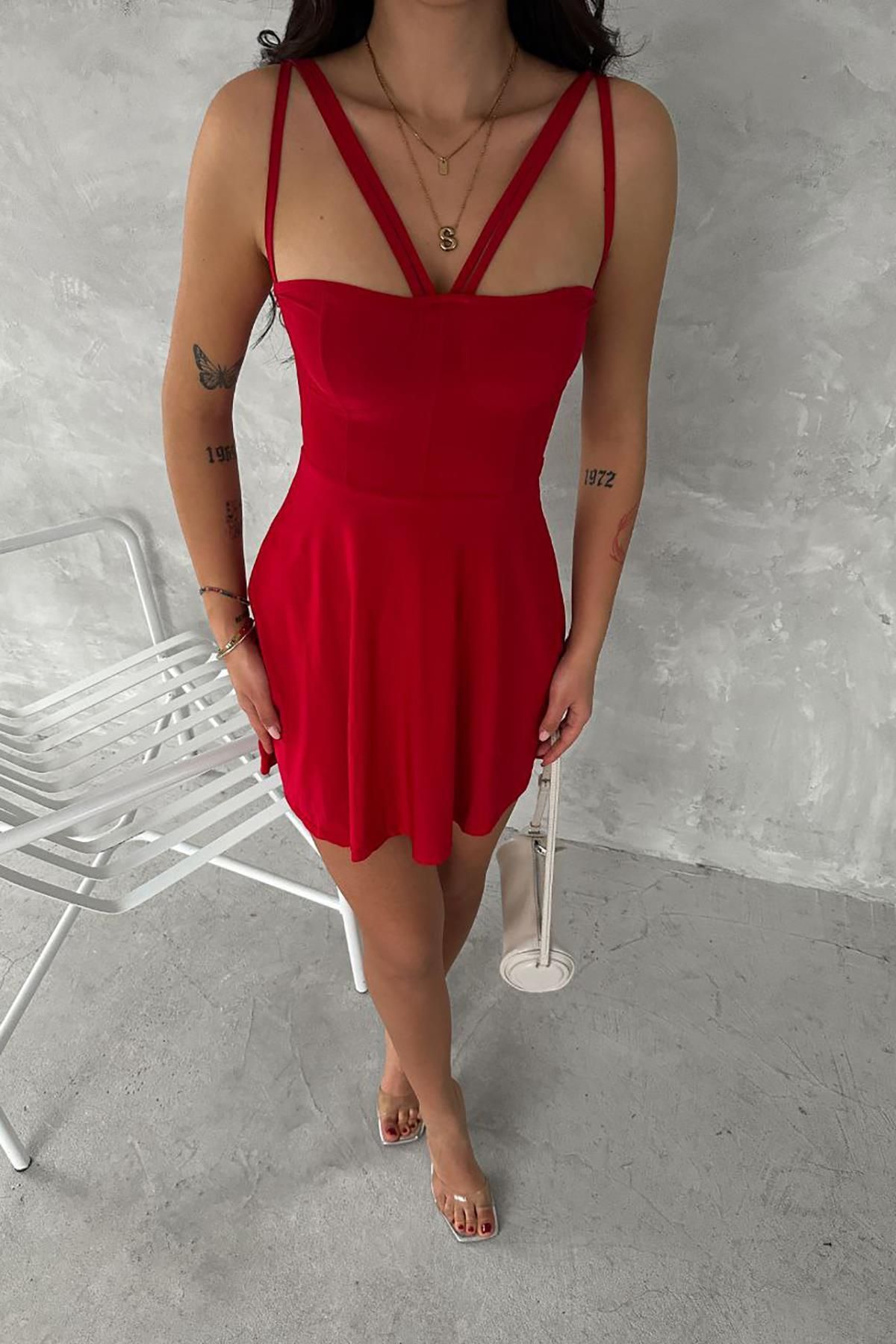 Deafox-Red Strappy Skirt Flared Sandy Fabric Dress 6