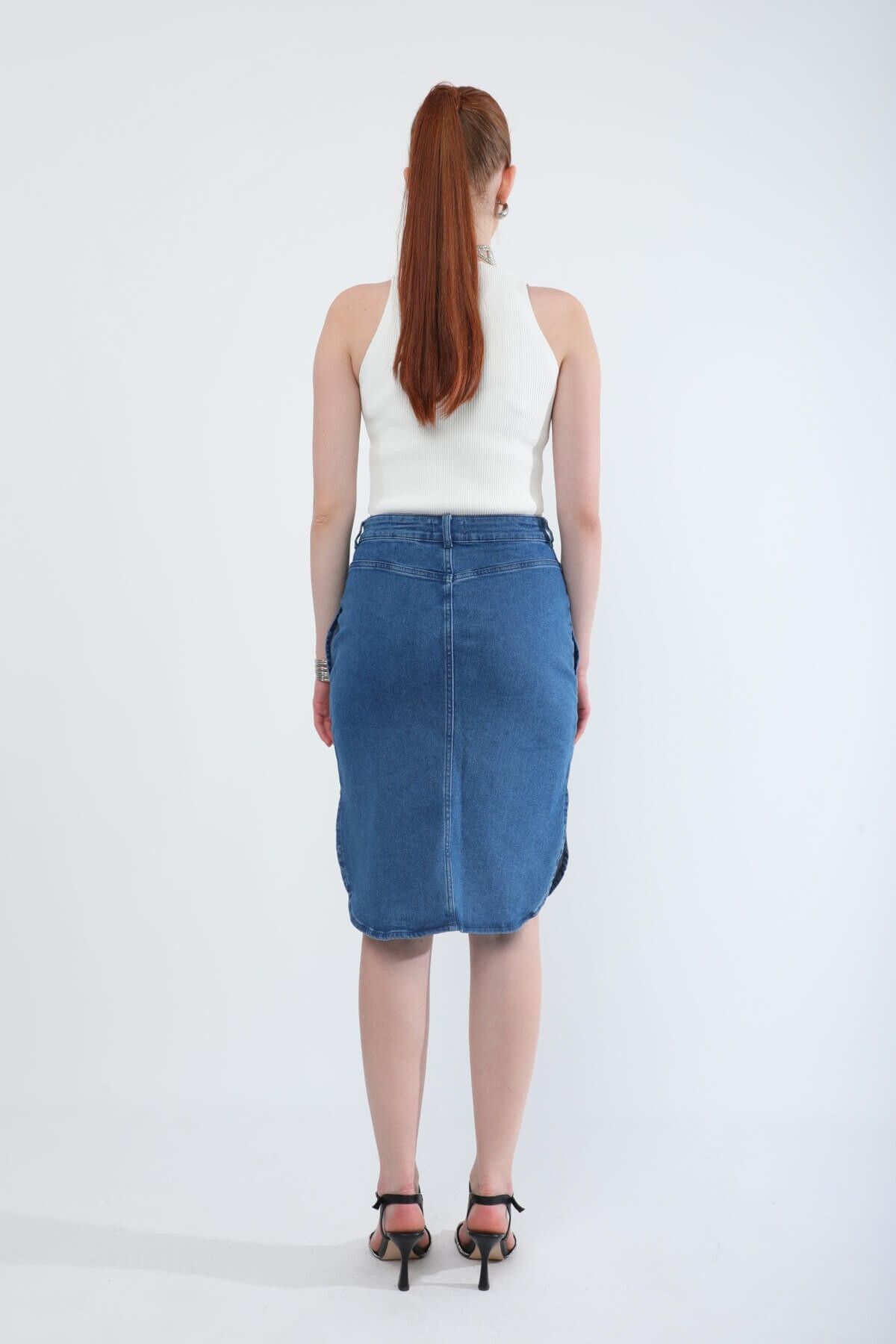 Bluewhite-Midi Length Lycra Blue Jean Skirt with Slit Detail 6