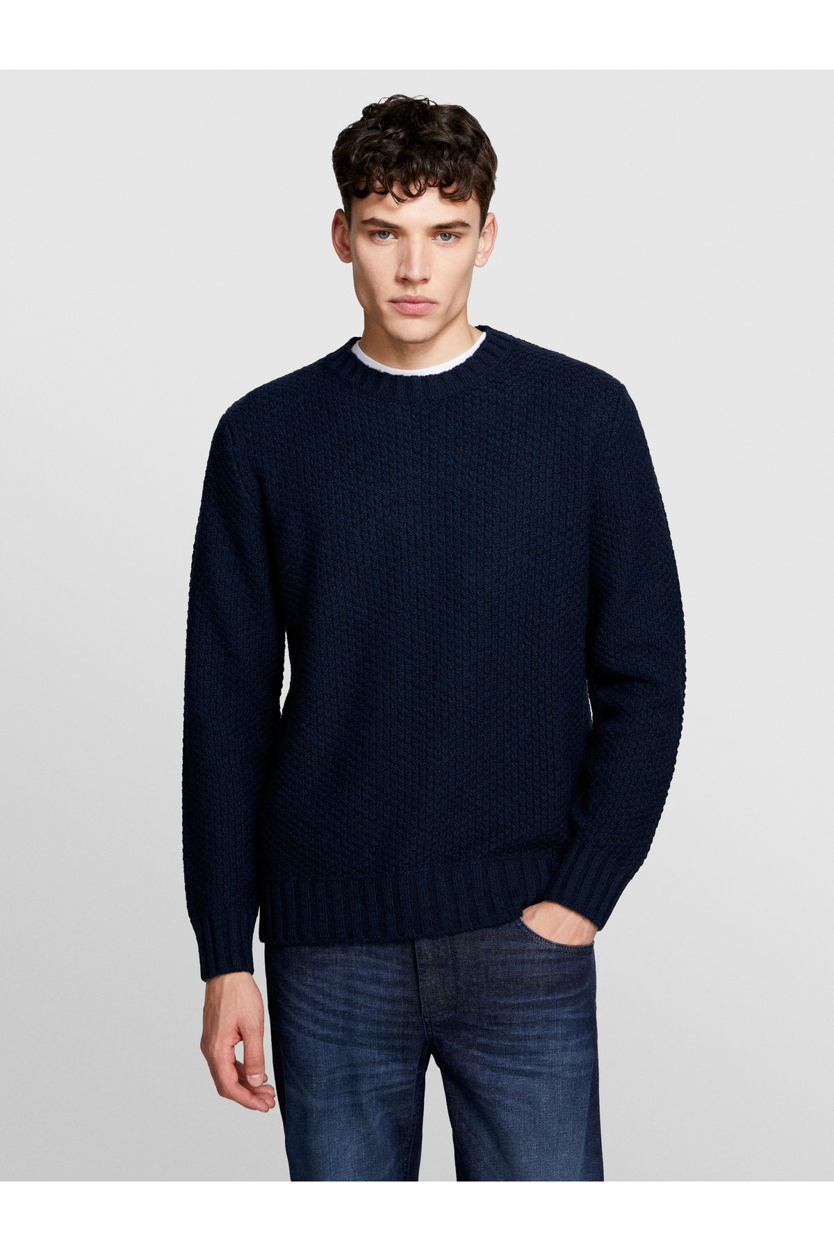 Sisley-Men's Navy Blue Wool Blend Double Collar Detailed Regular Fit Sweater 3